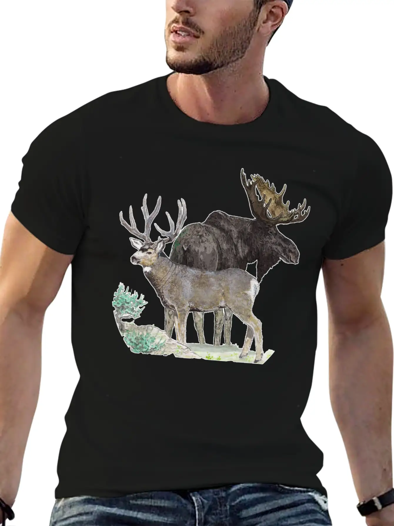 Bull Moose And Mule Deer Buck Stylish Everyday T-Shirt – Unisex Basic Cotton Tee