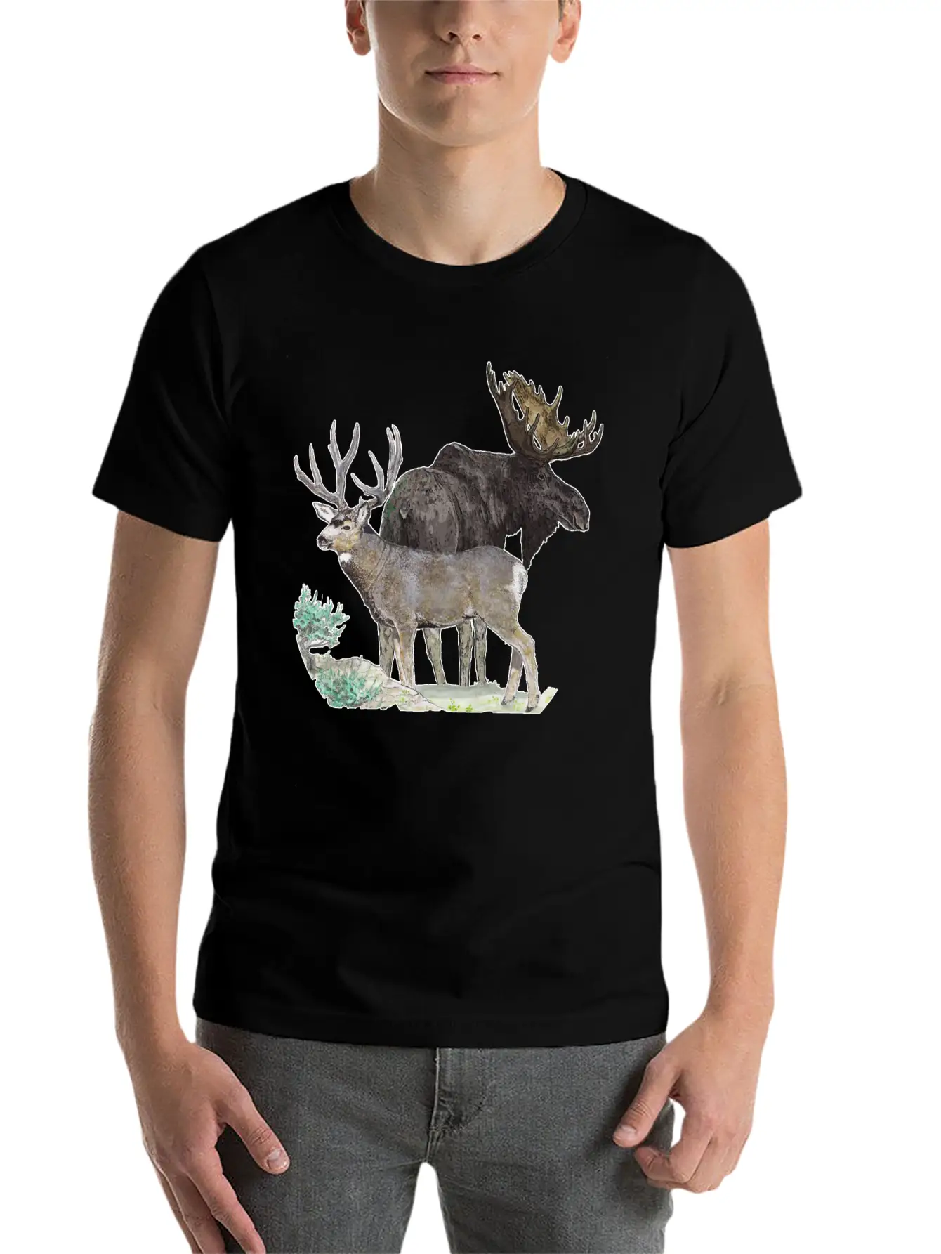 Bull Moose And Mule Deer Buck Stylish Everyday T-Shirt – Unisex Basic Cotton Tee