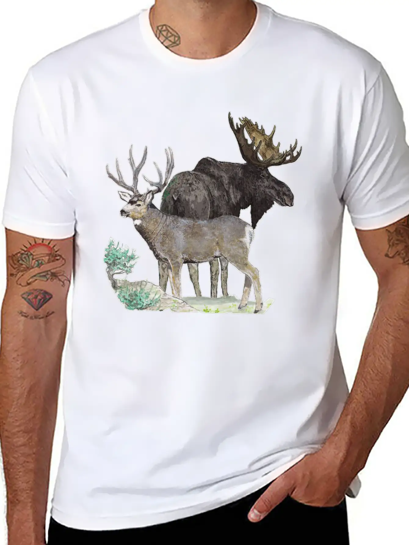 Bull Moose And Mule Deer Buck Stylish Everyday T-Shirt – Unisex Basic Cotton Tee