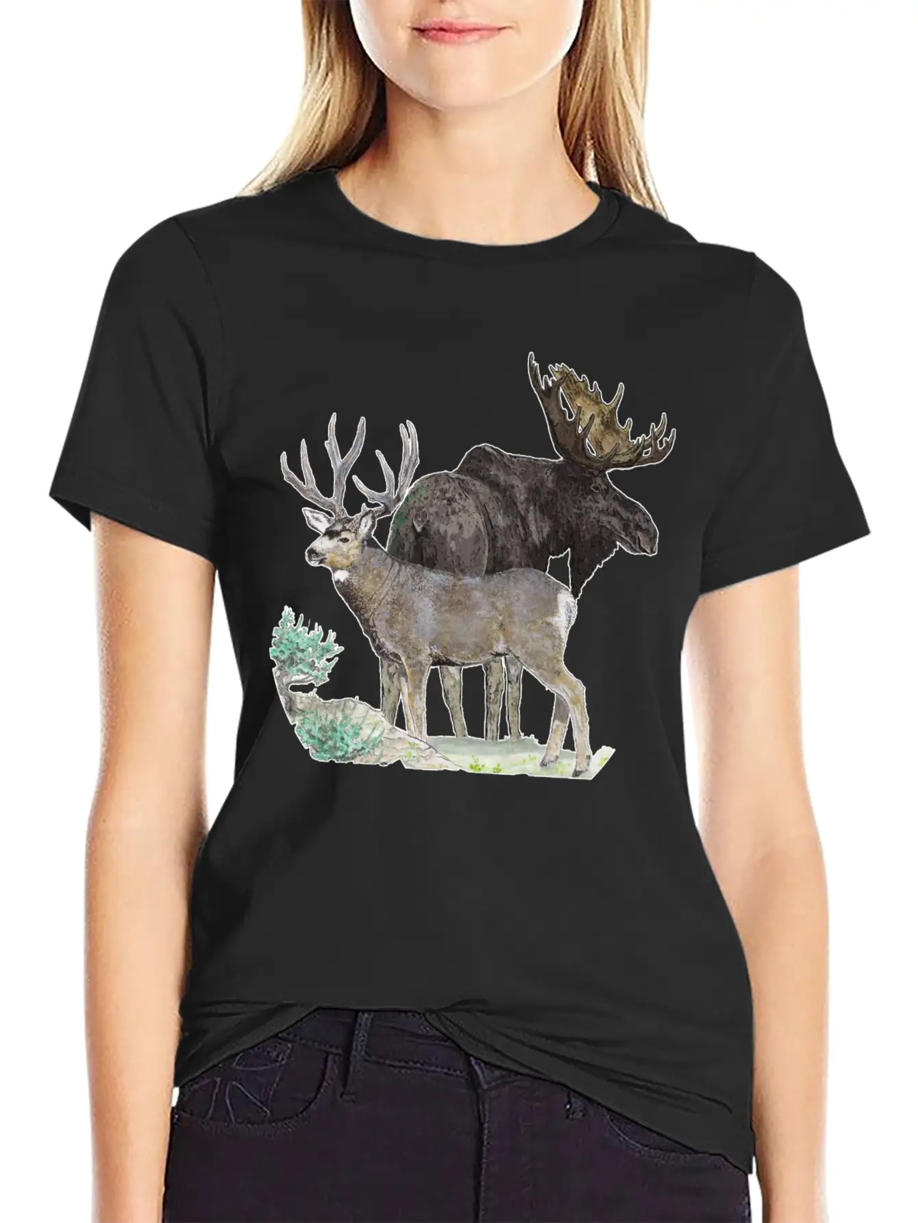 Bull Moose And Mule Deer Buck Stylish Everyday T-Shirt – Unisex Basic Cotton Tee