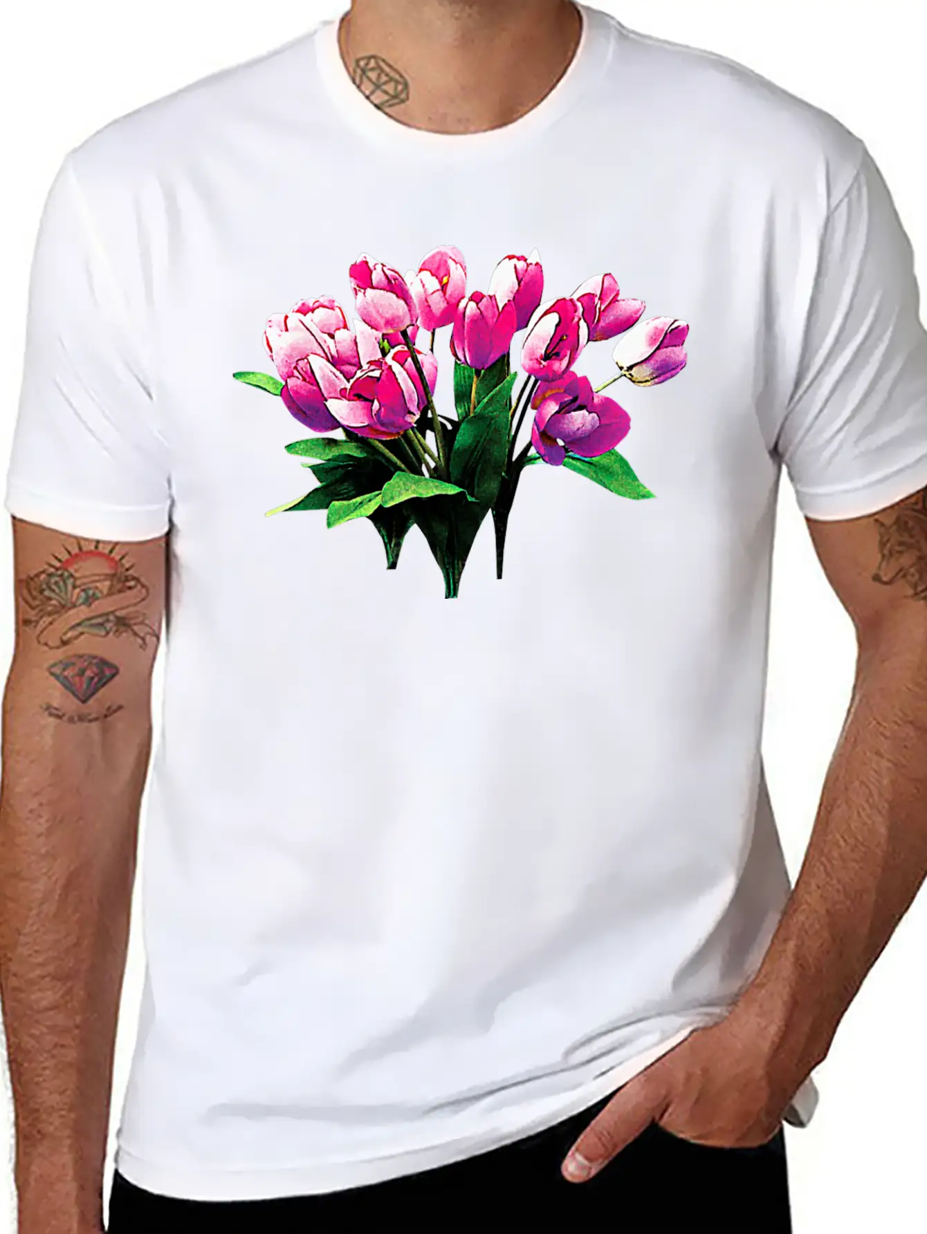 Bunch Of Pink Tulips Timeless Short Sleeve Tee – Comfy And Minimalist Design