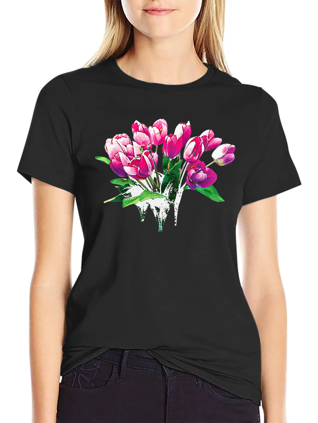 Bunch Of Pink Tulips Timeless Short Sleeve Tee – Comfy And Minimalist Design
