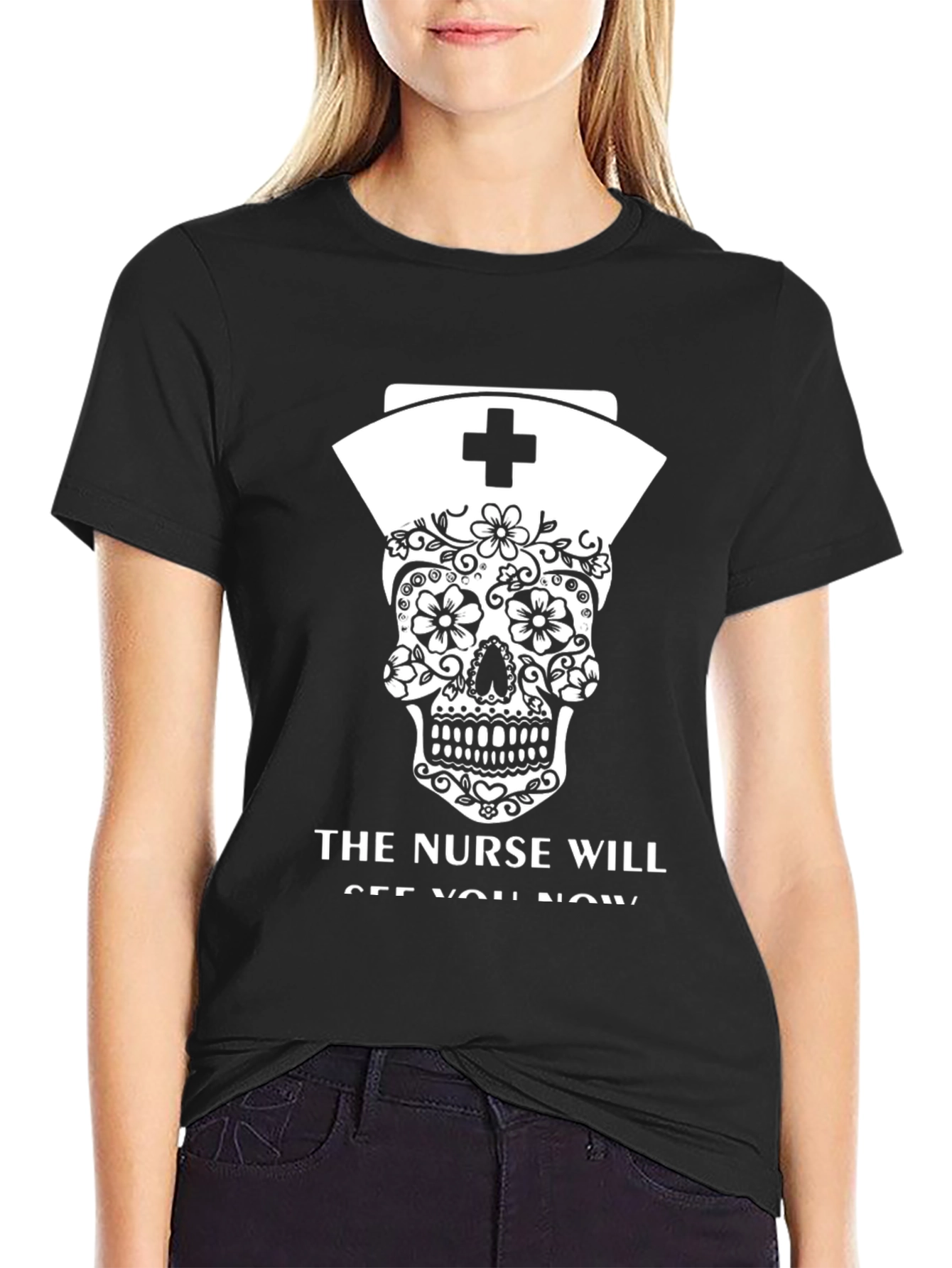Nurse Skull Graphic Tee - Black T-Shirt
