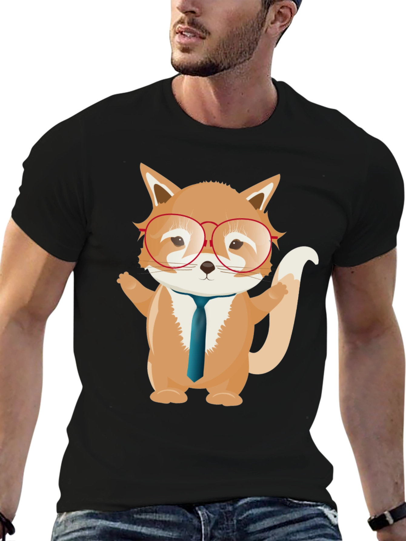 Fox with Glasses Graphic T-Shirt - Black