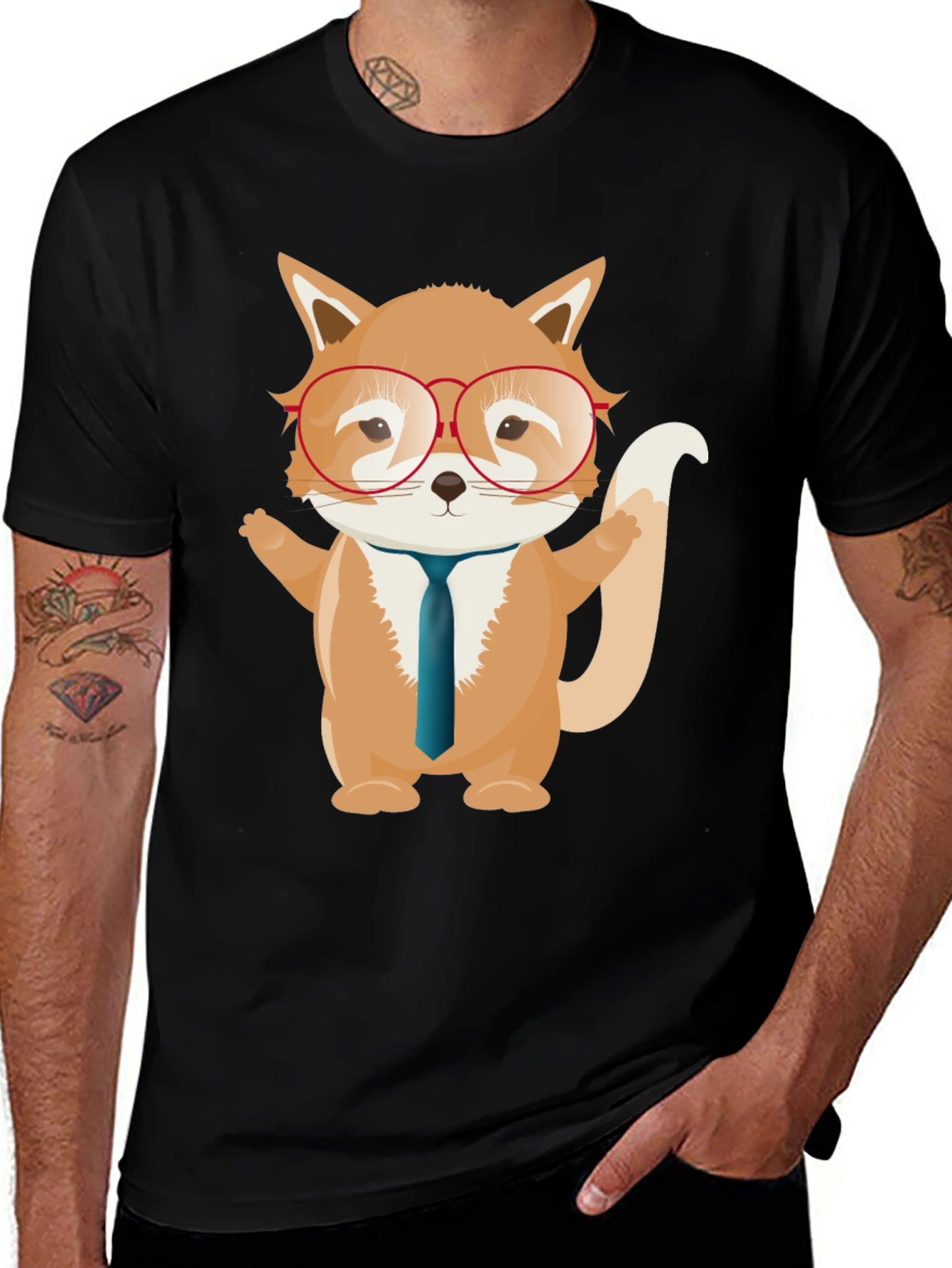 Fox with Glasses Graphic T-Shirt - Black