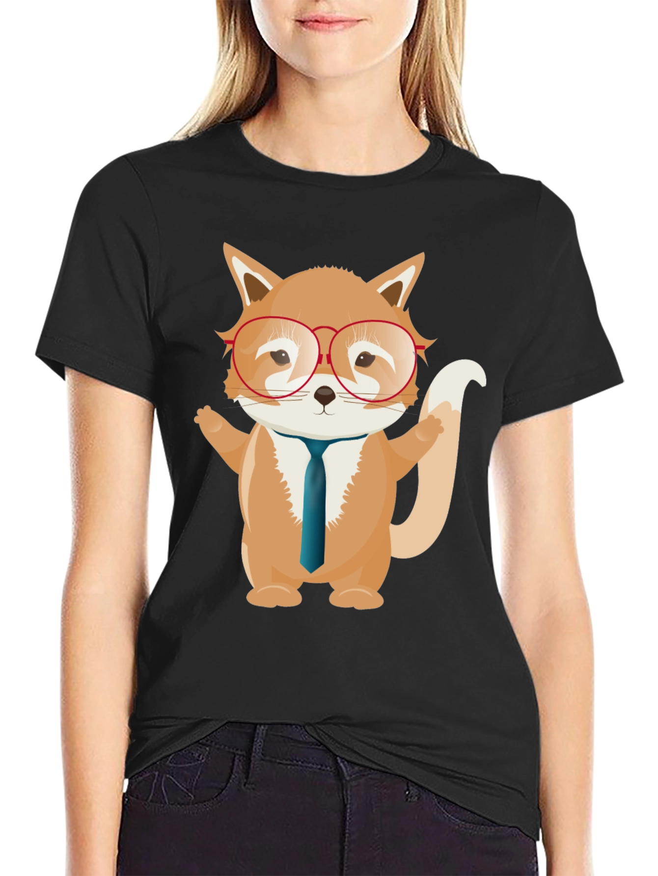 Fox with Glasses Graphic T-Shirt - Black