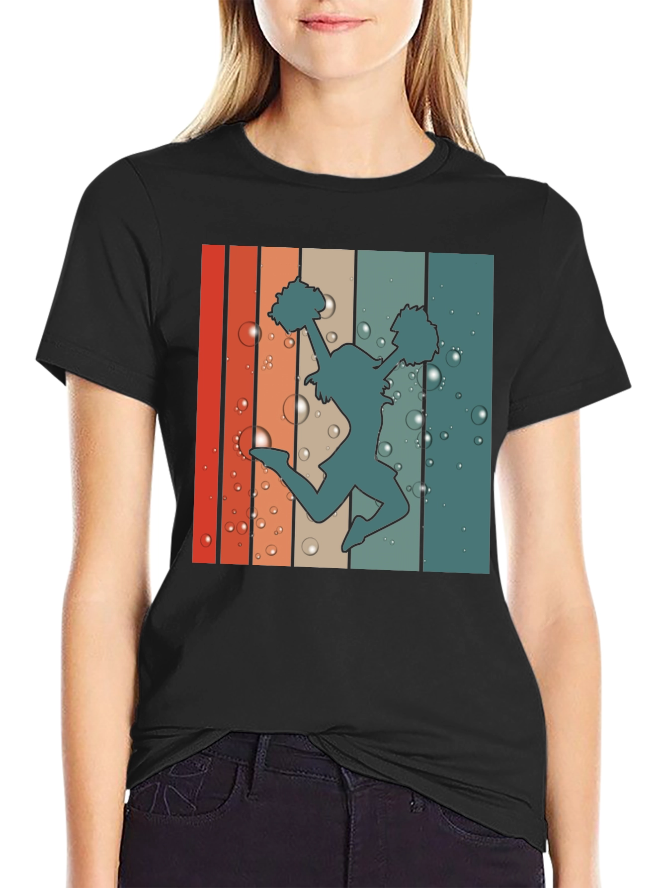 Retro Cheerleader Graphic T-Shirt - Black