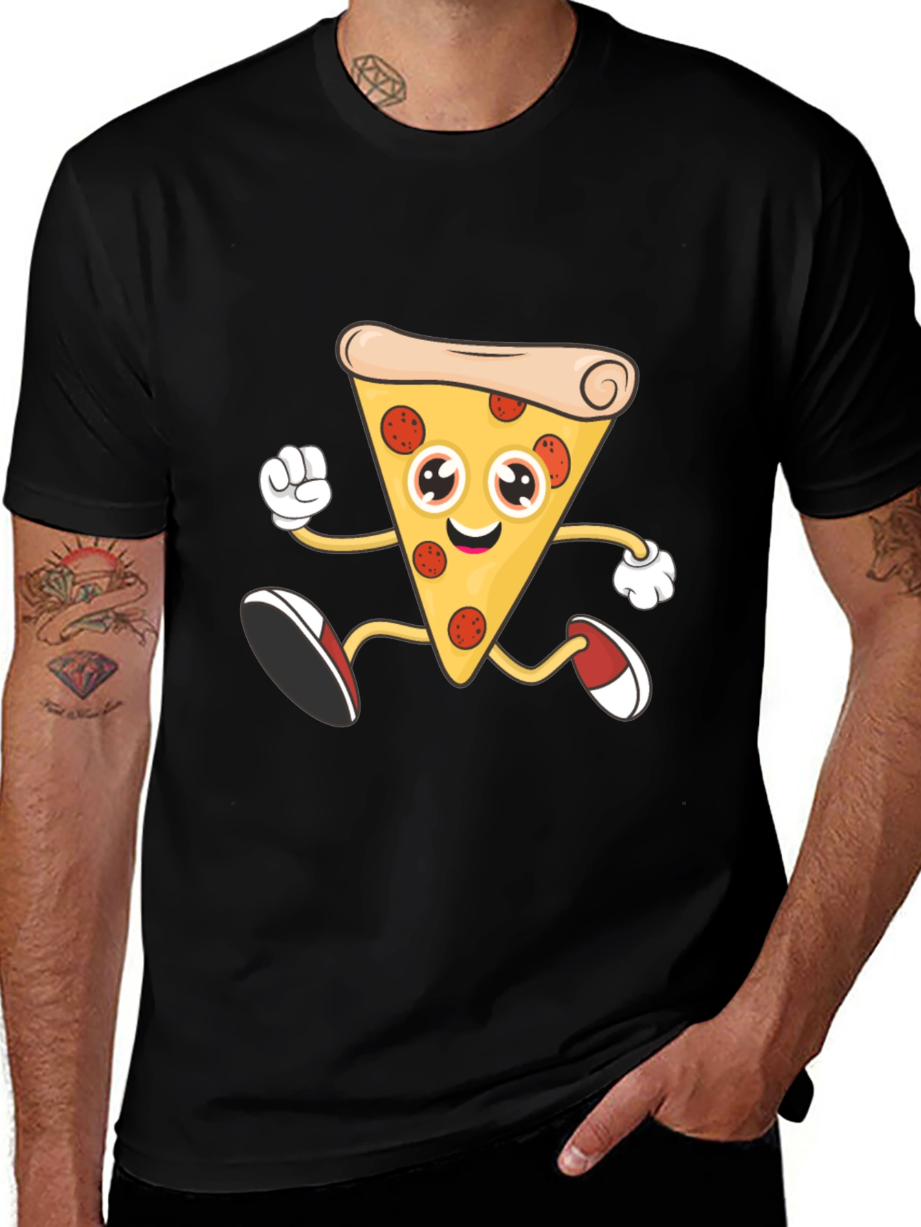 Pizza Slice Cartoon Graphic T-Shirt - Black