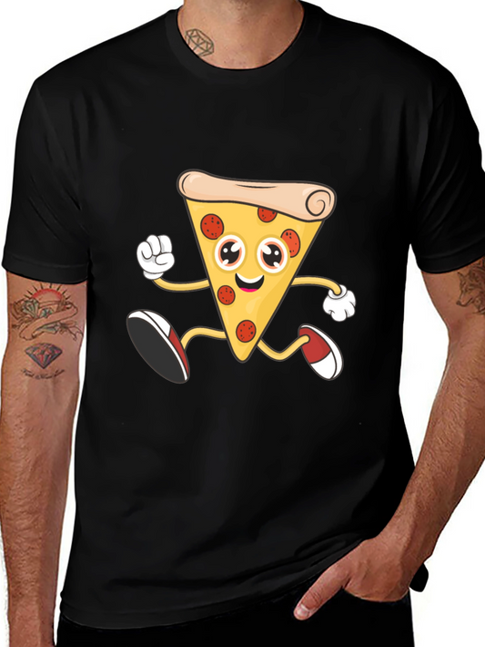 Pizza Slice Cartoon Graphic T-Shirt - Black