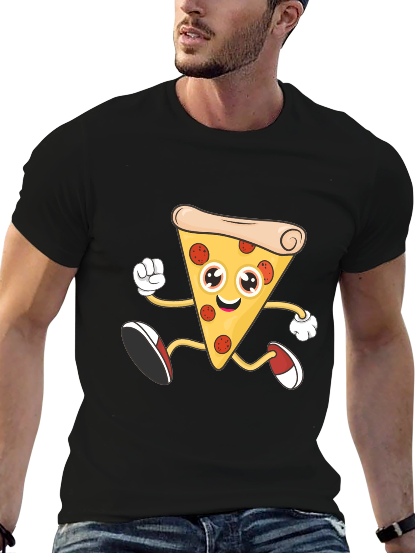 Pizza Slice Cartoon Graphic T-Shirt - Black