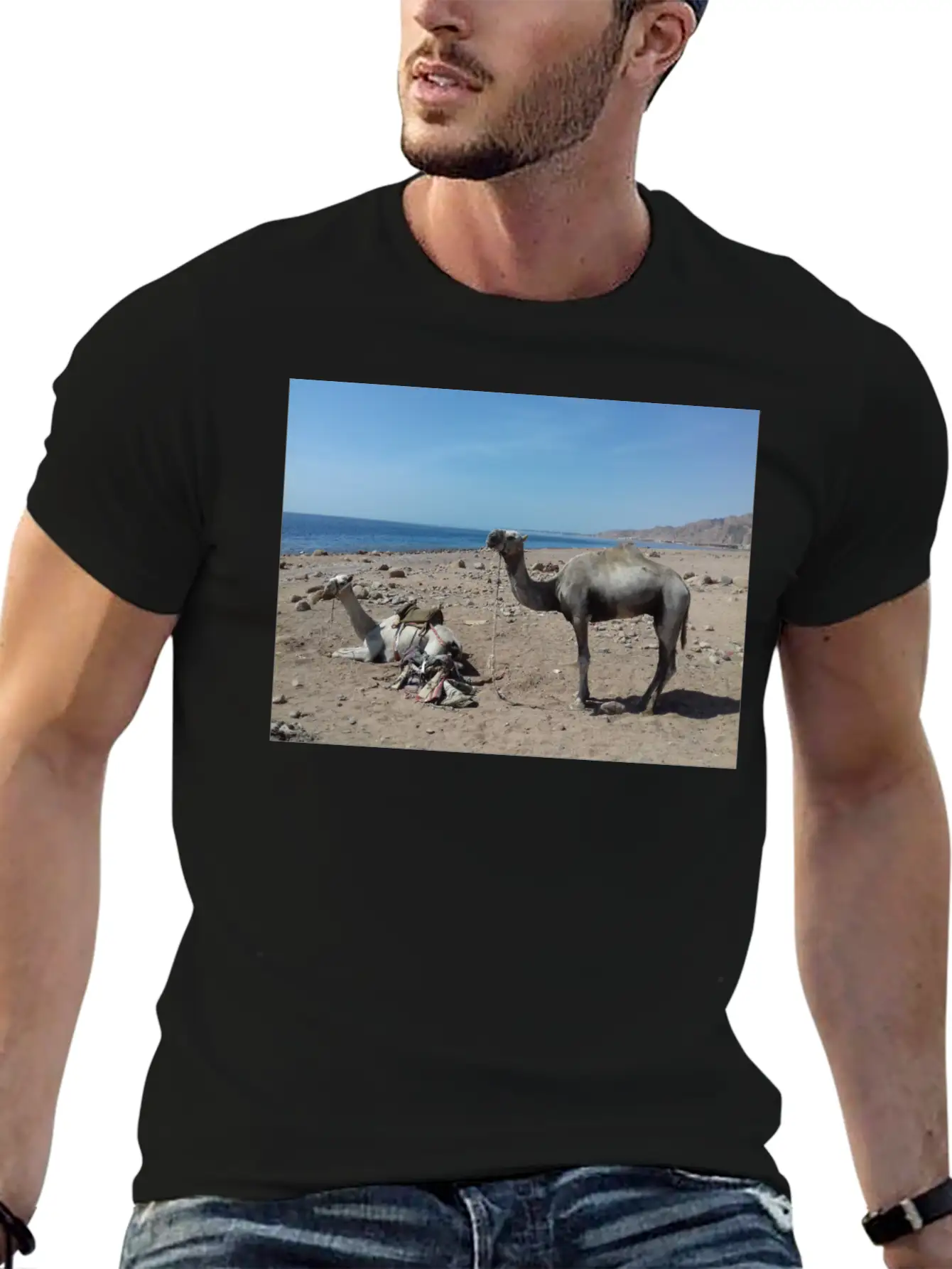Camels Are Opposite The Red Sea, Dahab, Egypt Essential Unisex Summer Tee – Soft Cotton Casual Fit