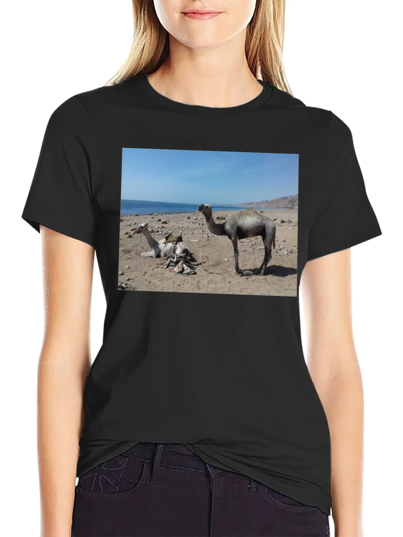 Camels Are Opposite The Red Sea, Dahab, Egypt Essential Unisex Summer Tee – Soft Cotton Casual Fit
