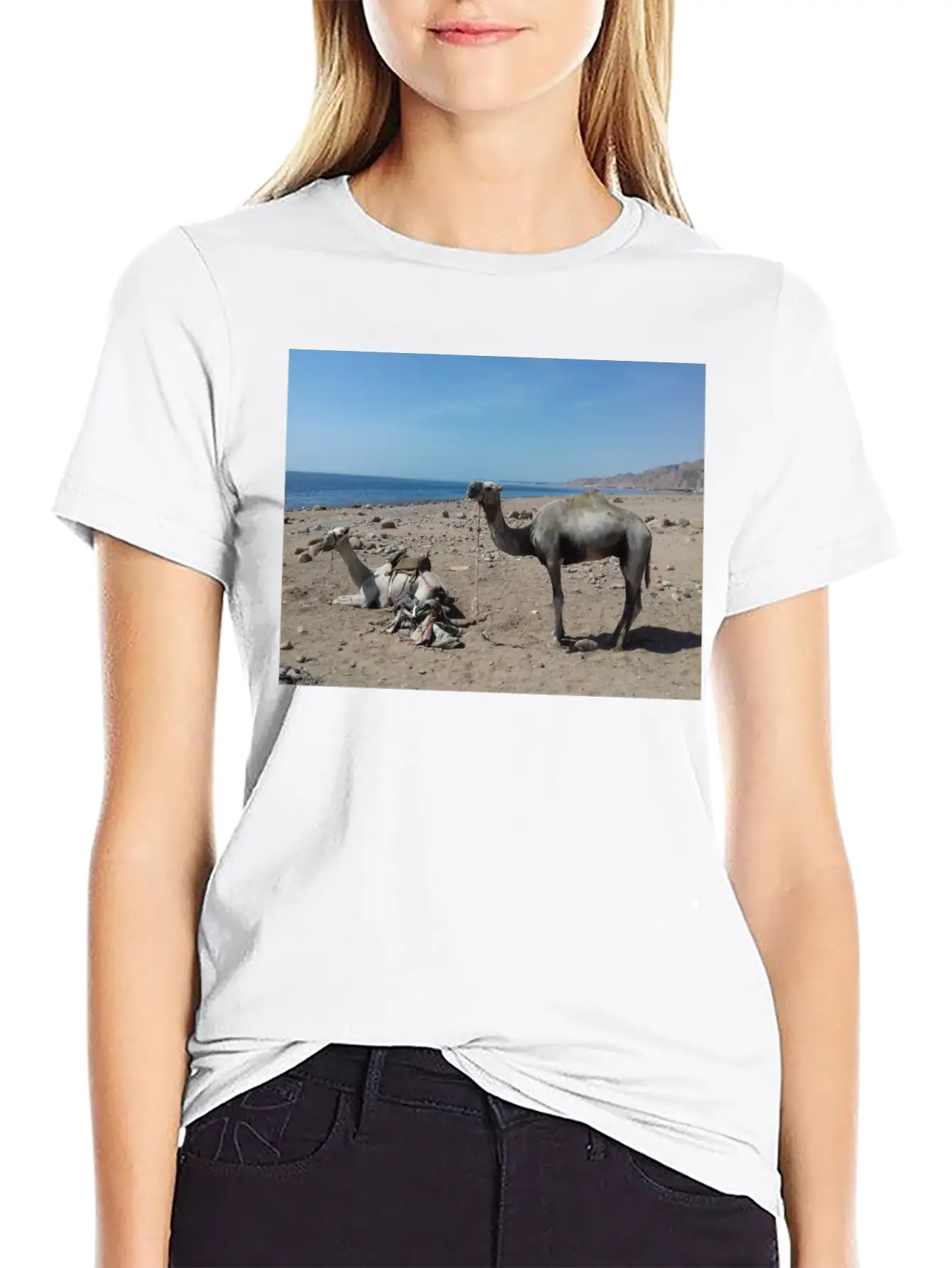 Camels Are Opposite The Red Sea, Dahab, Egypt Essential Unisex Summer Tee – Soft Cotton Casual Fit