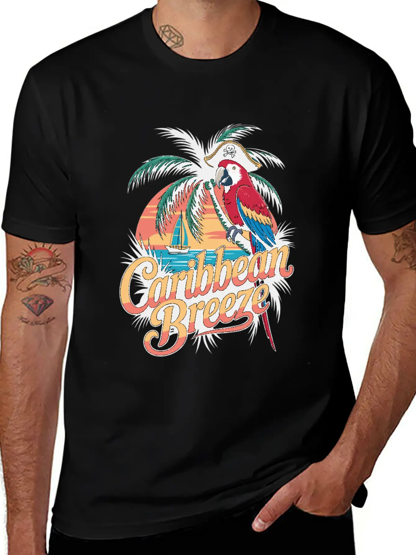 Caribbean Breeze Pirate Parrot Tropical Vacation Unisex Short Sleeve Soft Cotton T-Shirt – Casual Everyday Wear