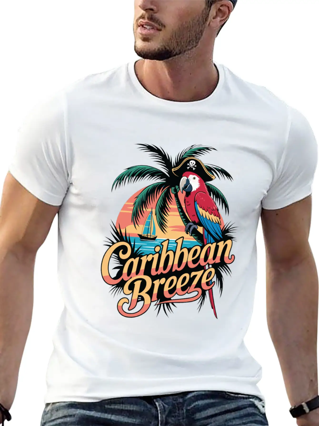 Caribbean Breeze Pirate Parrot Tropical Vacation Unisex Short Sleeve Soft Cotton T-Shirt – Casual Everyday Wear