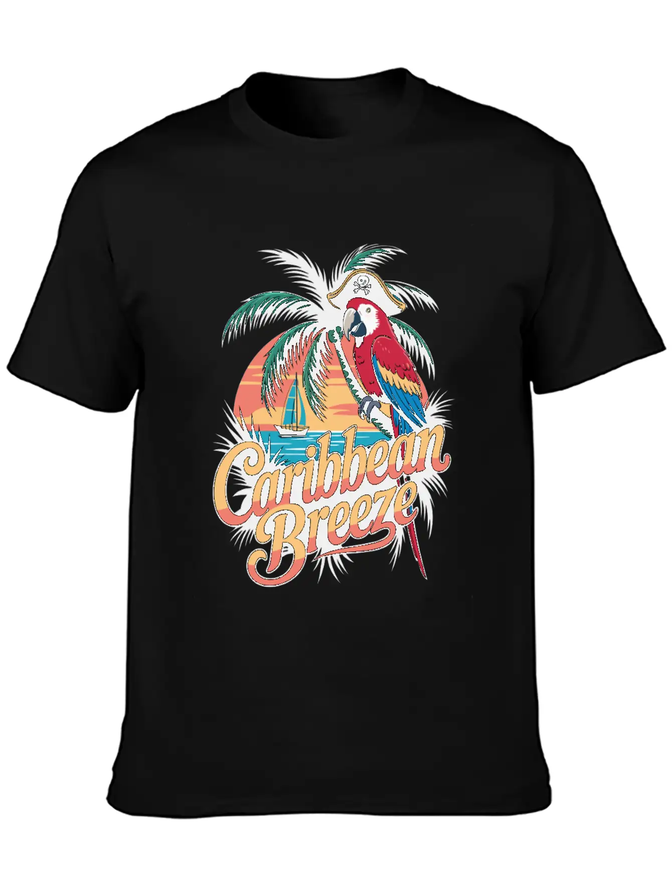 Caribbean Breeze Pirate Parrot Tropical Vacation Unisex Short Sleeve Soft Cotton T-Shirt – Casual Everyday Wear