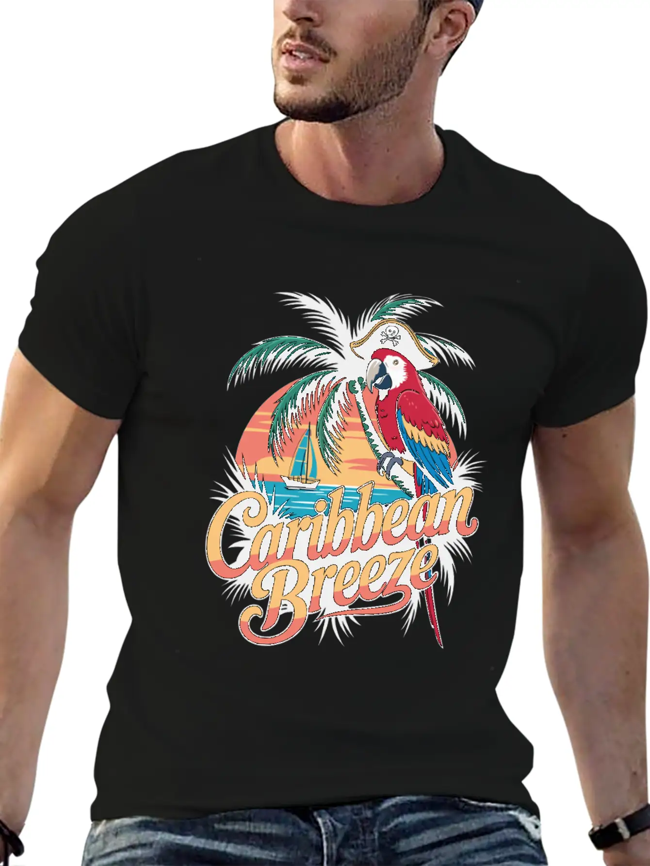 Caribbean Breeze Pirate Parrot Tropical Vacation Unisex Short Sleeve Soft Cotton T-Shirt – Casual Everyday Wear