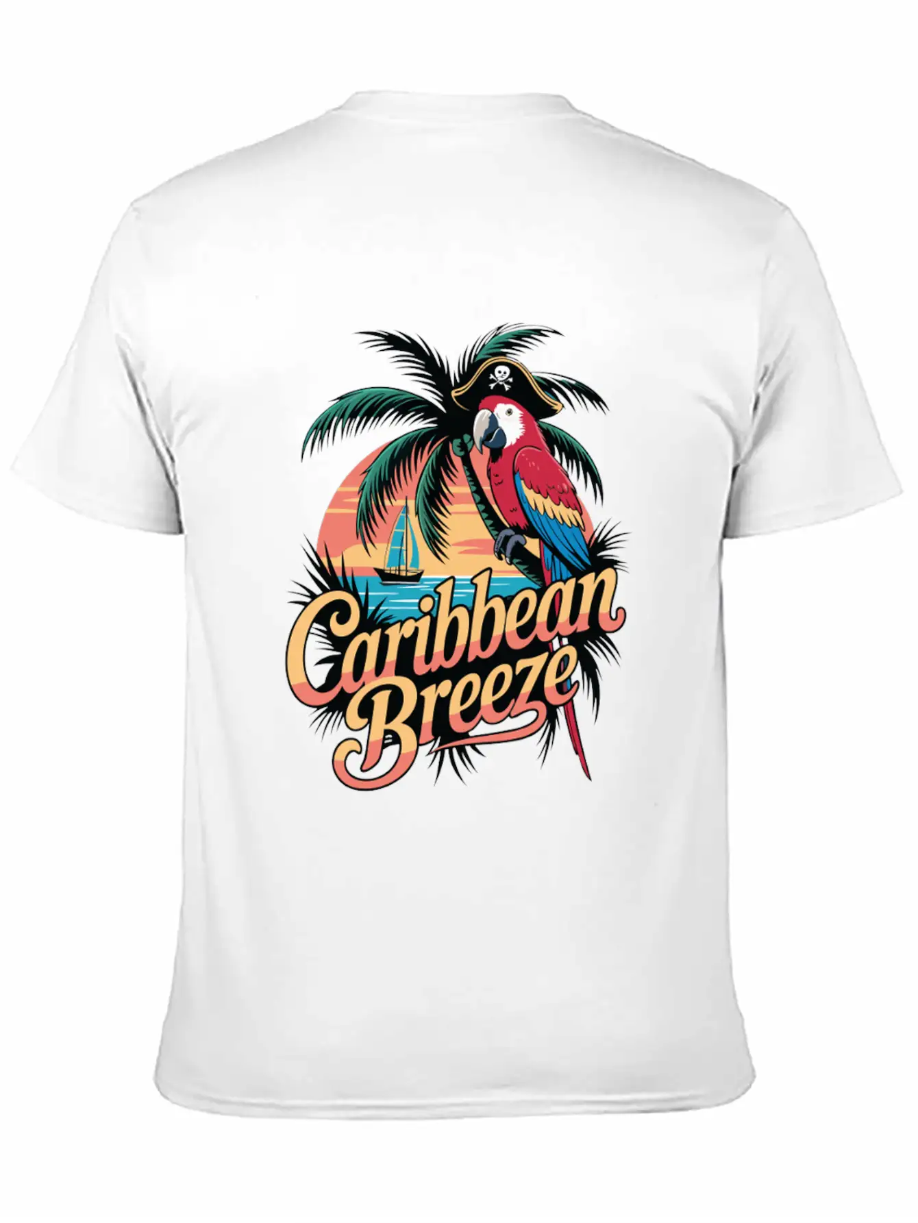Caribbean Breeze Pirate Parrot Tropical Vacation Unisex Short Sleeve Soft Cotton T-Shirt – Casual Everyday Wear