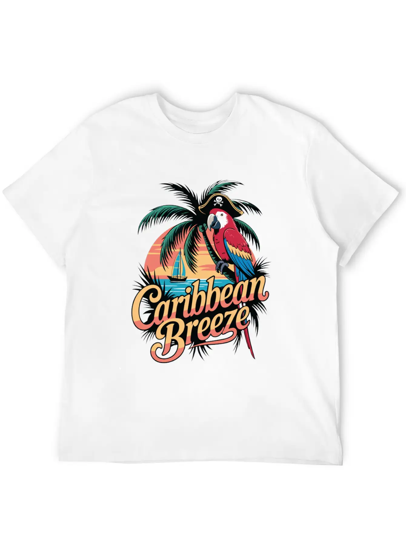 Caribbean Breeze Pirate Parrot Tropical Vacation Unisex Short Sleeve Soft Cotton T-Shirt – Casual Everyday Wear