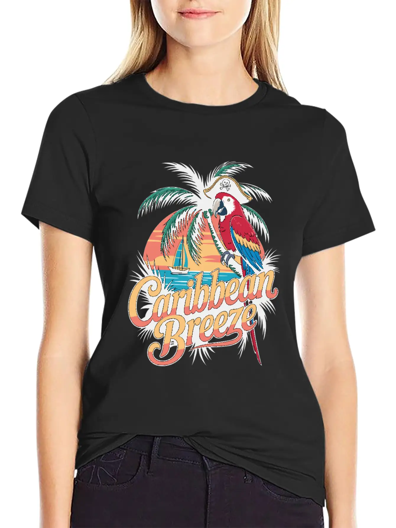 Caribbean Breeze Pirate Parrot Tropical Vacation Unisex Short Sleeve Soft Cotton T-Shirt – Casual Everyday Wear