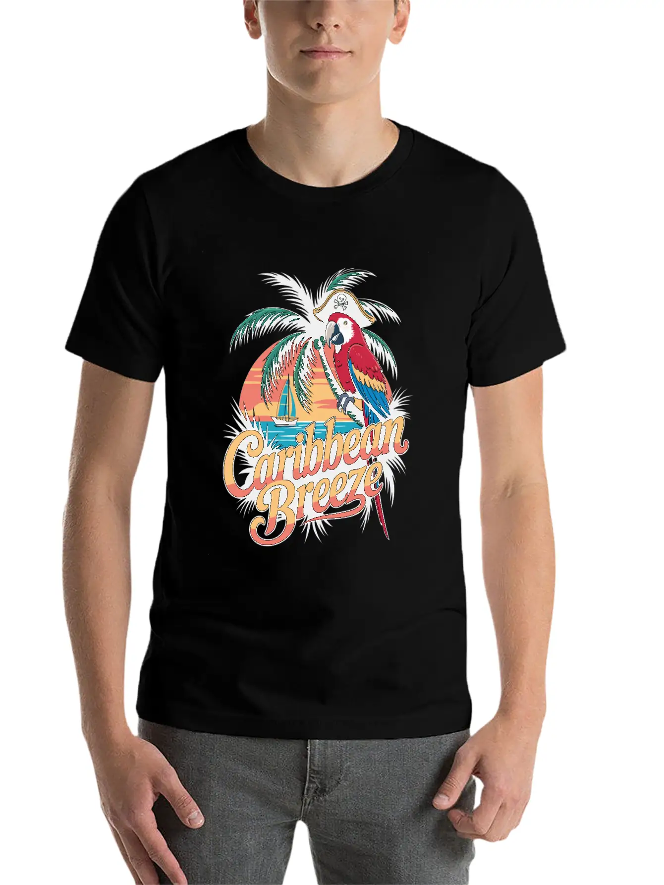 Caribbean Breeze Pirate Parrot Tropical Vacation Unisex Short Sleeve Soft Cotton T-Shirt – Casual Everyday Wear