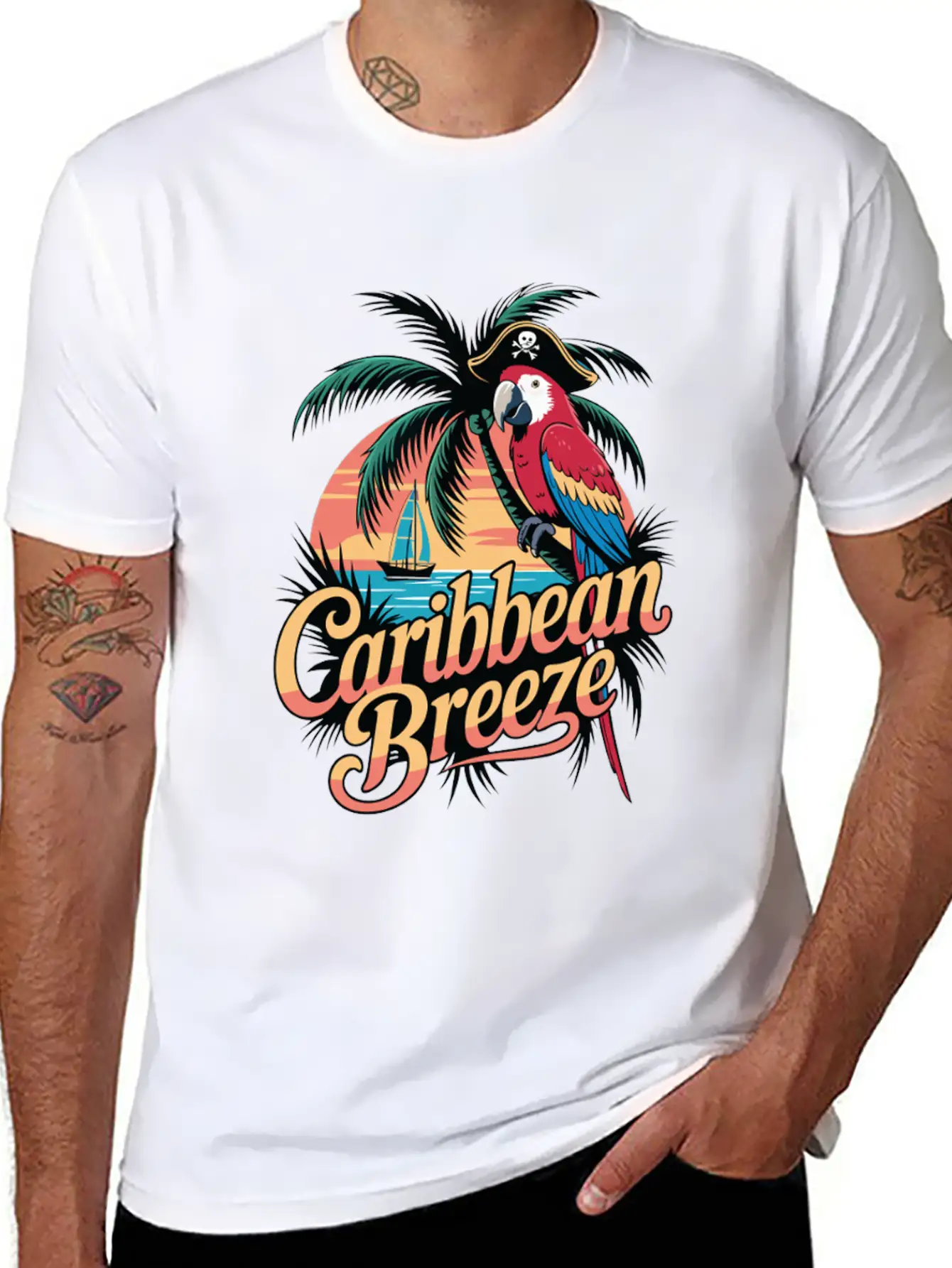 Caribbean Breeze Pirate Parrot Tropical Vacation Unisex Short Sleeve Soft Cotton T-Shirt – Casual Everyday Wear
