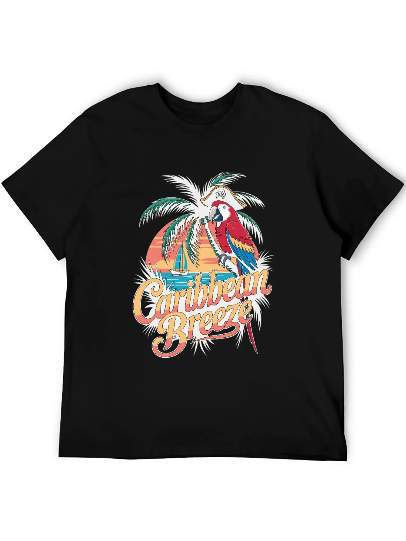 Caribbean Breeze Pirate Parrot Tropical Vacation Unisex Short Sleeve Soft Cotton T-Shirt – Casual Everyday Wear