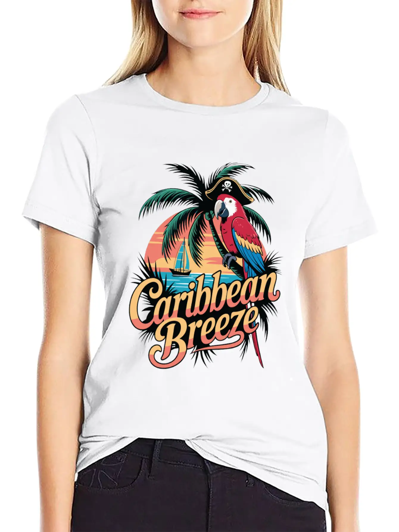 Caribbean Breeze Pirate Parrot Tropical Vacation Unisex Short Sleeve Soft Cotton T-Shirt – Casual Everyday Wear