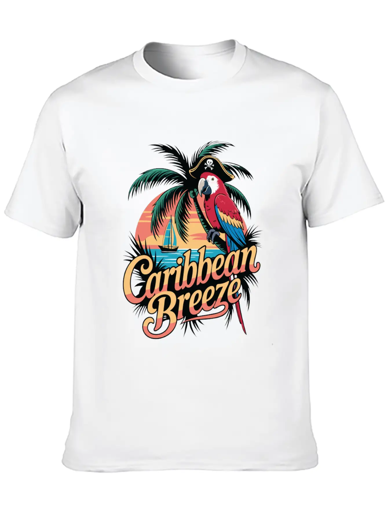 Caribbean Breeze Pirate Parrot Tropical Vacation Unisex Short Sleeve Soft Cotton T-Shirt – Casual Everyday Wear