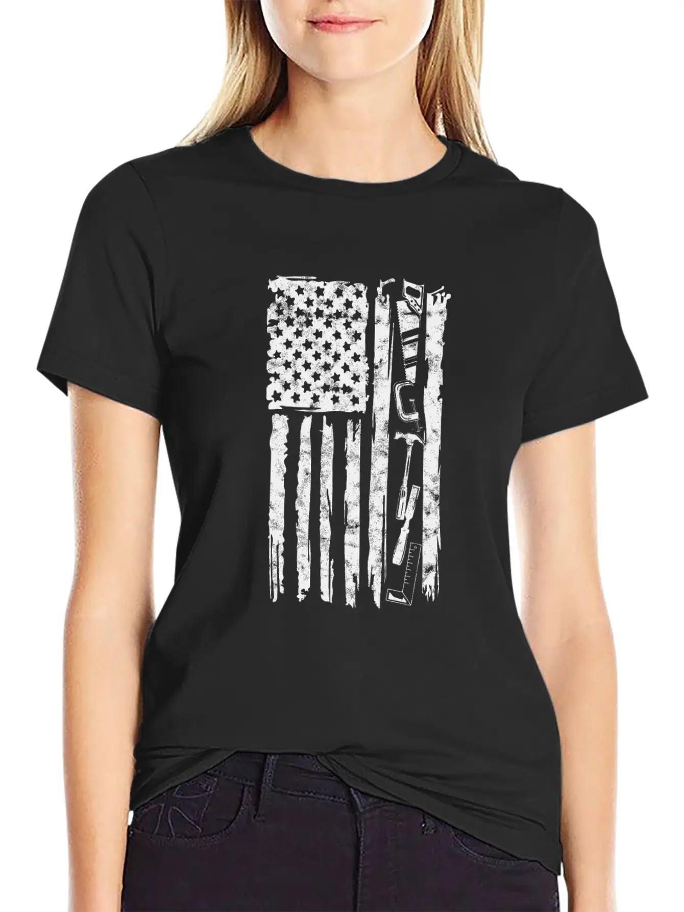 Carpenter Tools With American Flag - Woodworking Timeless Short Sleeve Tee – Comfy And Minimalist Design