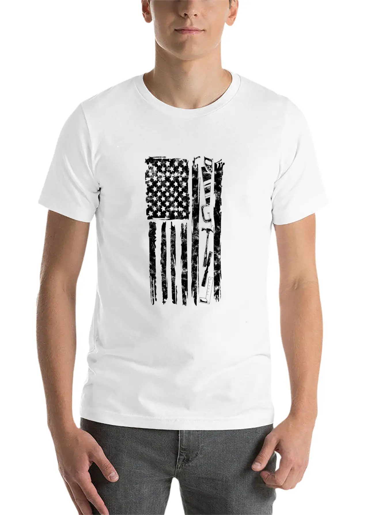 Carpenter Tools With American Flag - Woodworking Timeless Short Sleeve Tee – Comfy And Minimalist Design