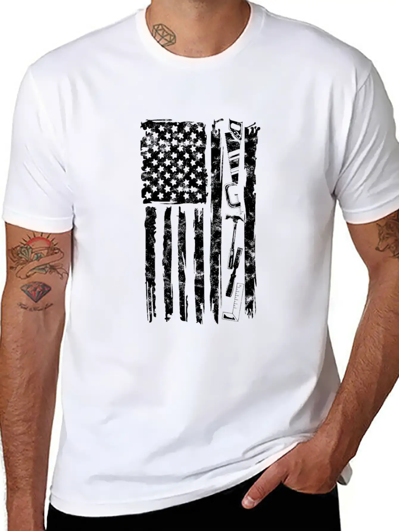 Carpenter Tools With American Flag - Woodworking Timeless Short Sleeve Tee – Comfy And Minimalist Design