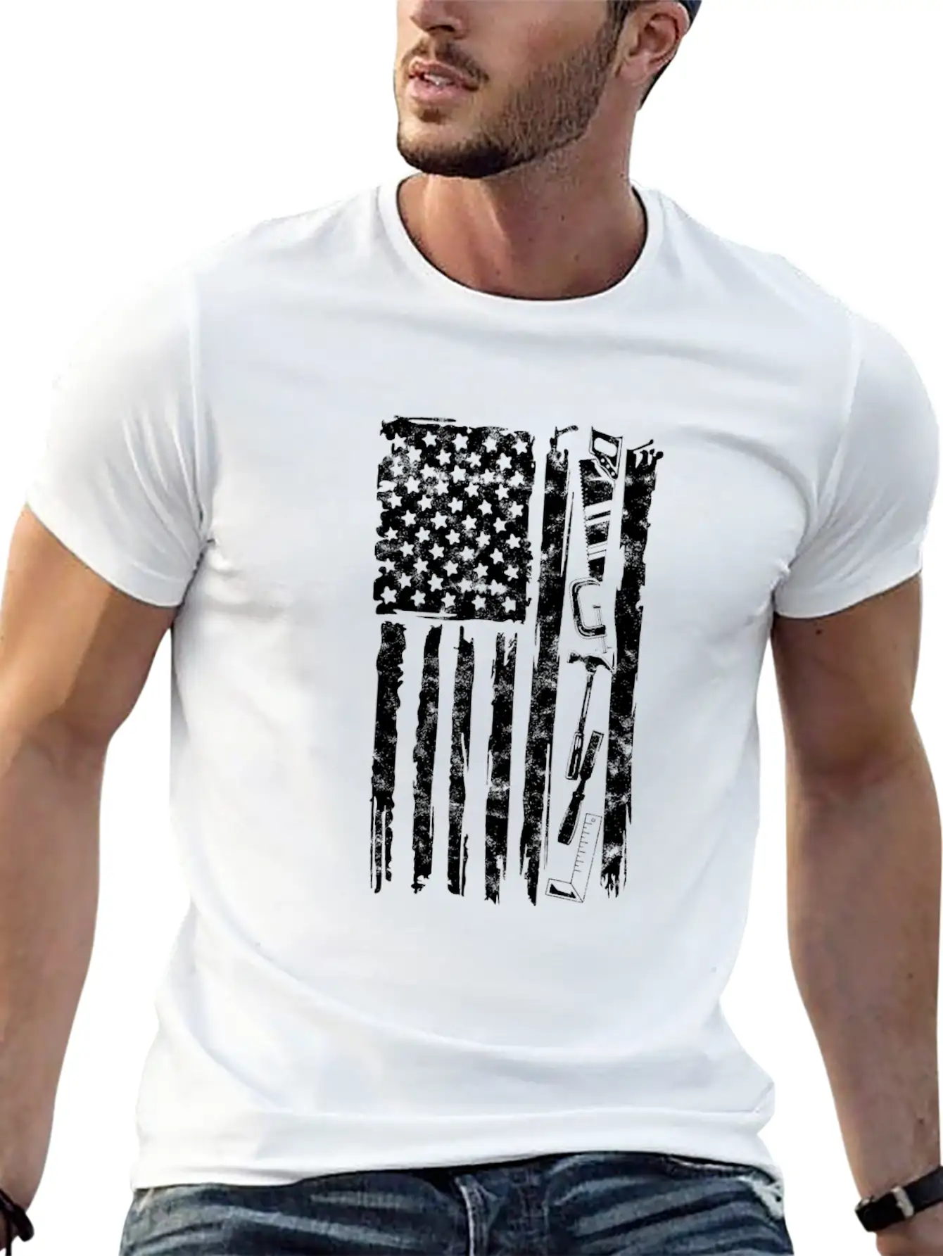 Carpenter Tools With American Flag - Woodworking Timeless Short Sleeve Tee – Comfy And Minimalist Design