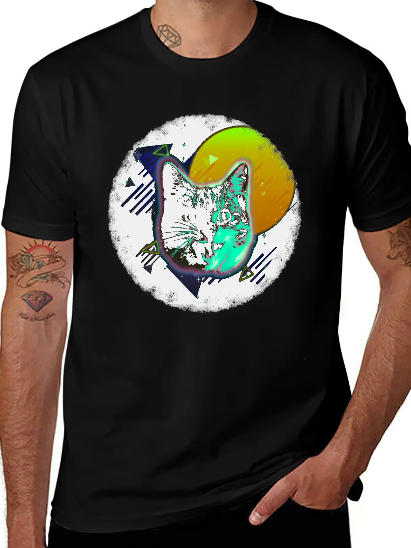 Cat Face Shirt Trippy Neon Rave 80s Disco Retro Kitten Tee Unisex Short Sleeve Soft Cotton T-Shirt – Casual Everyday Wear