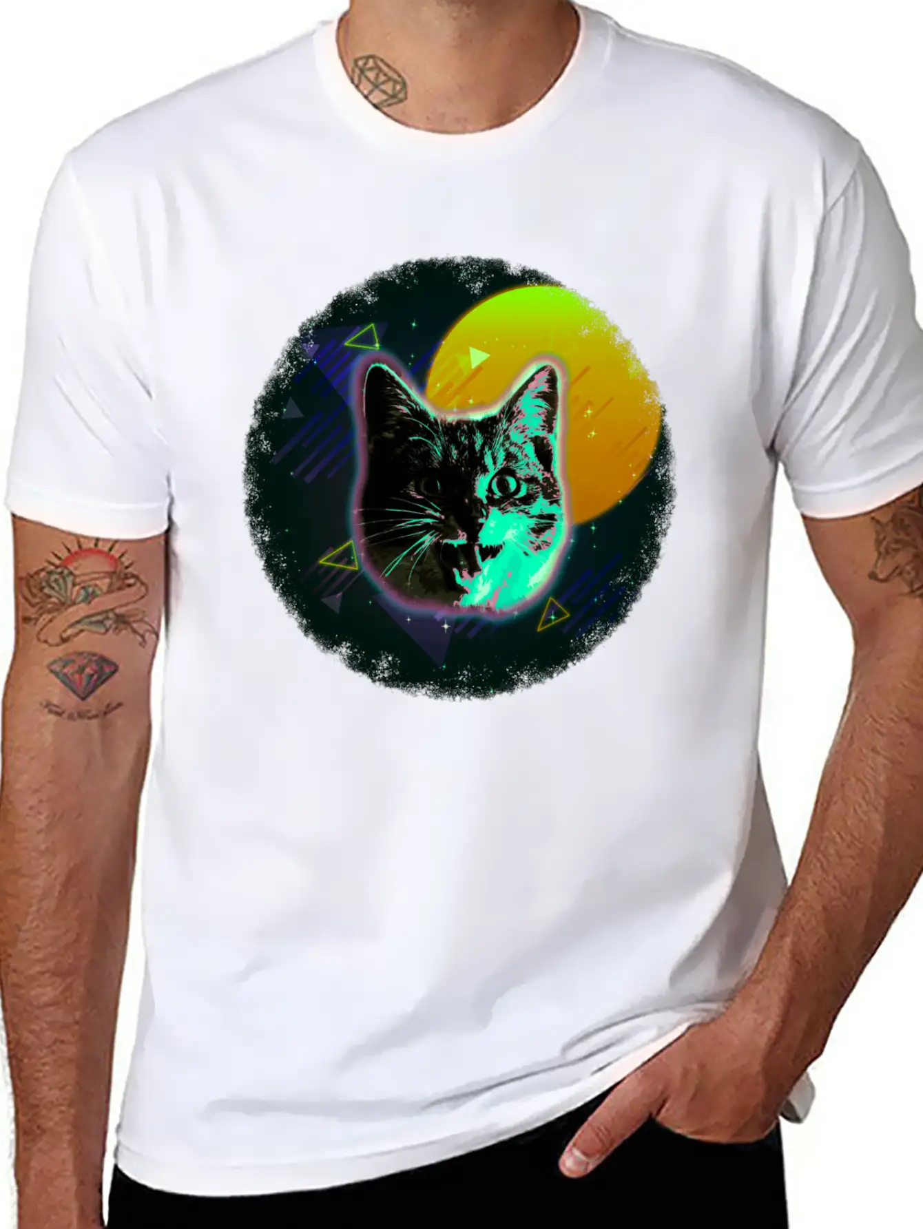 Cat Face Shirt Trippy Neon Rave 80s Disco Retro Kitten Tee Unisex Short Sleeve Soft Cotton T-Shirt – Casual Everyday Wear