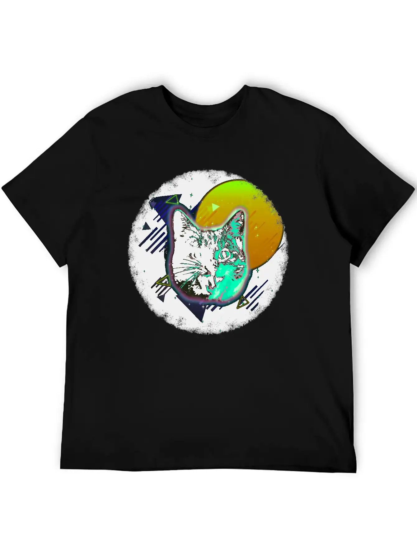 Cat Face Shirt Trippy Neon Rave 80s Disco Retro Kitten Tee Unisex Short Sleeve Soft Cotton T-Shirt – Casual Everyday Wear