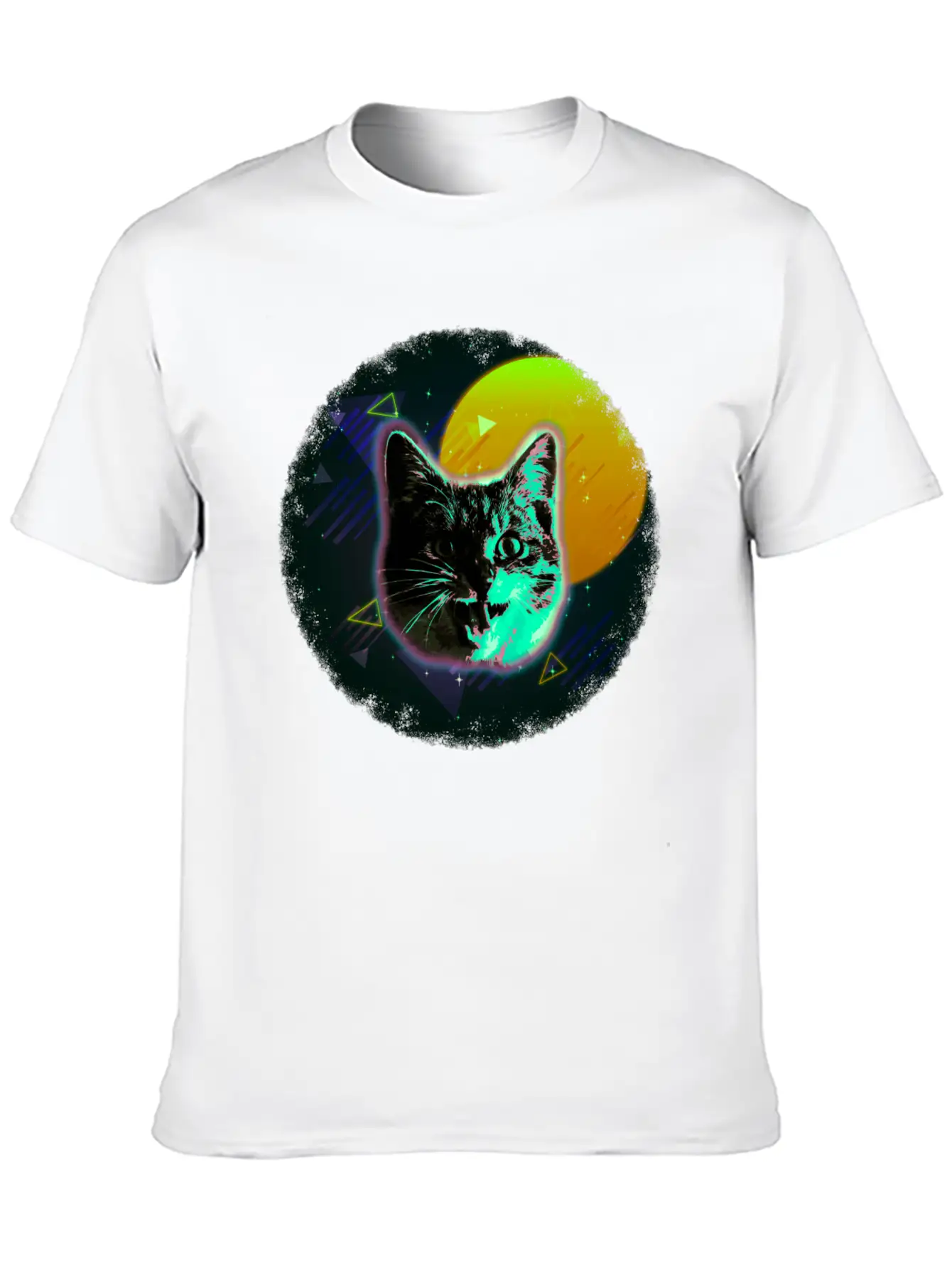 Cat Face Shirt Trippy Neon Rave 80s Disco Retro Kitten Tee Unisex Short Sleeve Soft Cotton T-Shirt – Casual Everyday Wear