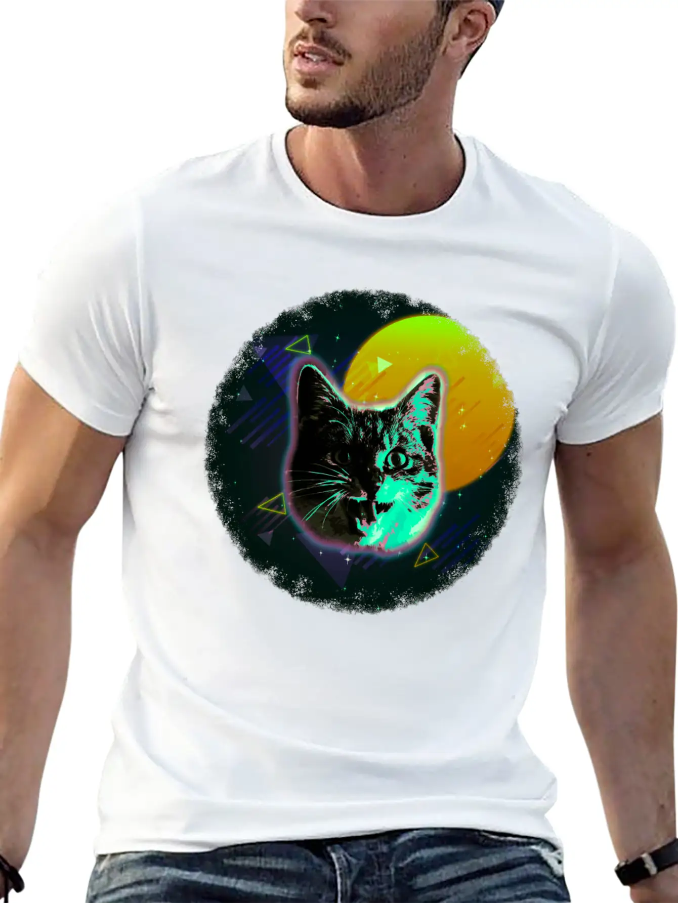 Cat Face Shirt Trippy Neon Rave 80s Disco Retro Kitten Tee Unisex Short Sleeve Soft Cotton T-Shirt – Casual Everyday Wear