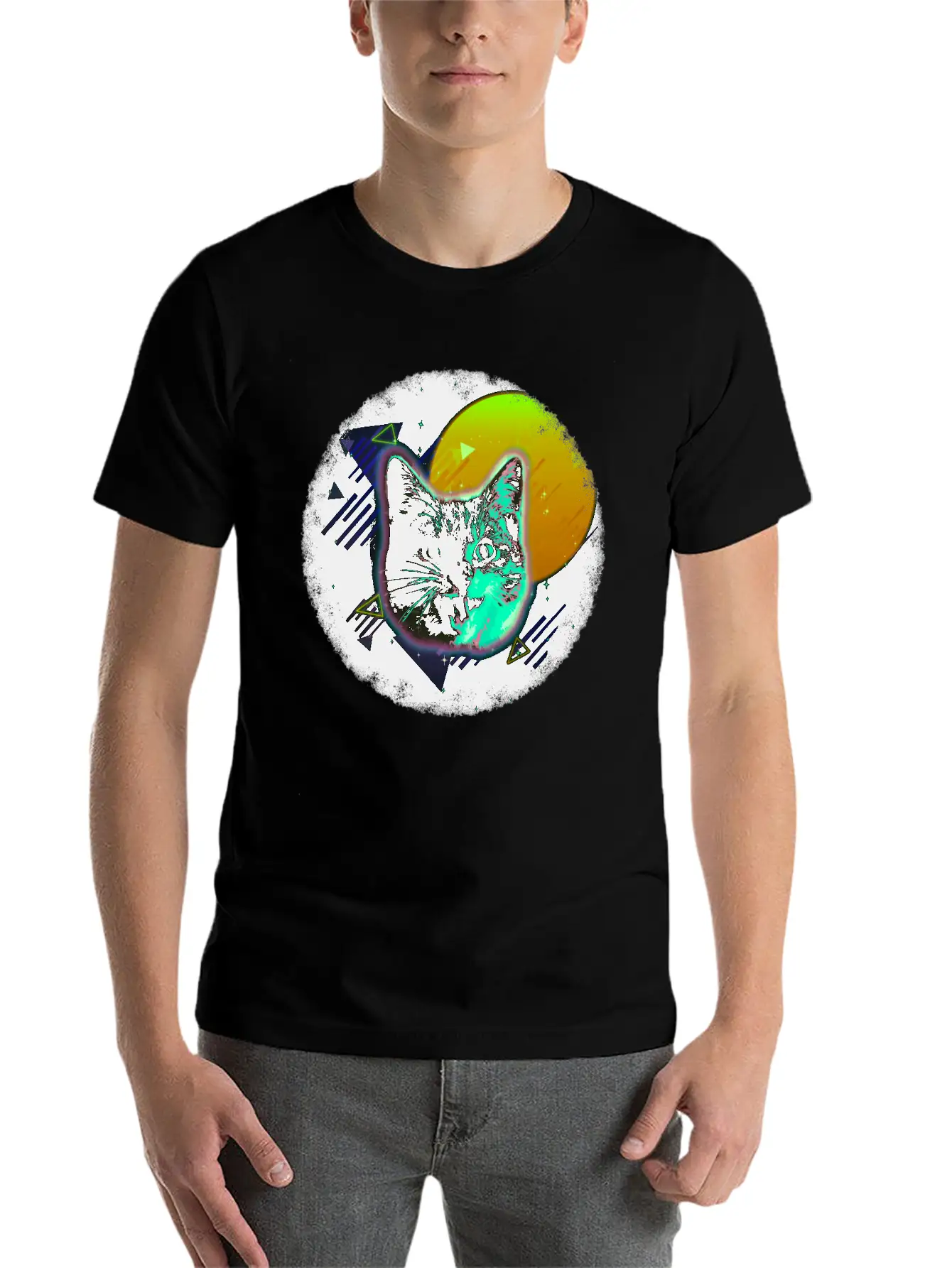 Cat Face Shirt Trippy Neon Rave 80s Disco Retro Kitten Tee Unisex Short Sleeve Soft Cotton T-Shirt – Casual Everyday Wear