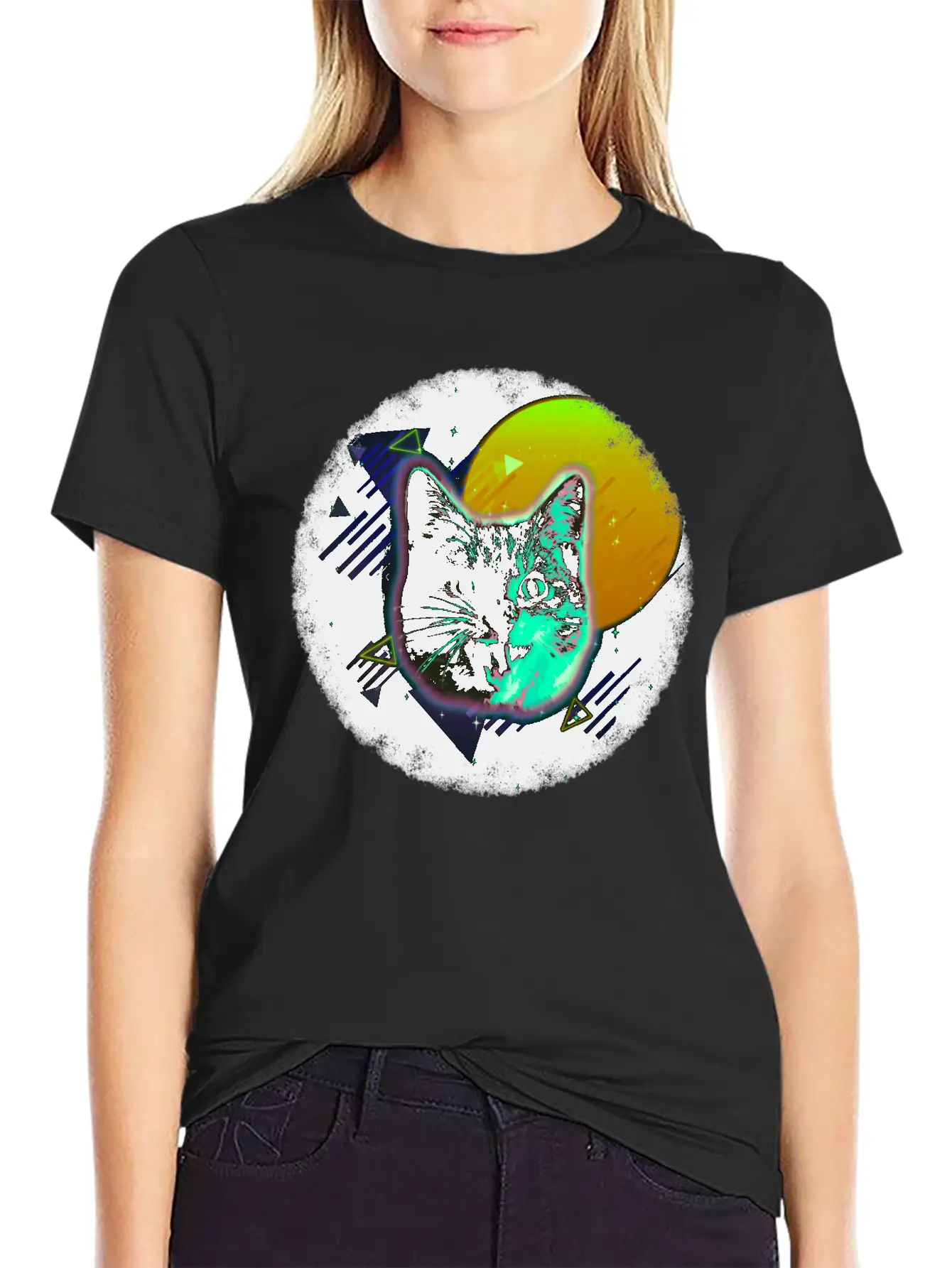 Cat Face Shirt Trippy Neon Rave 80s Disco Retro Kitten Tee Unisex Short Sleeve Soft Cotton T-Shirt – Casual Everyday Wear