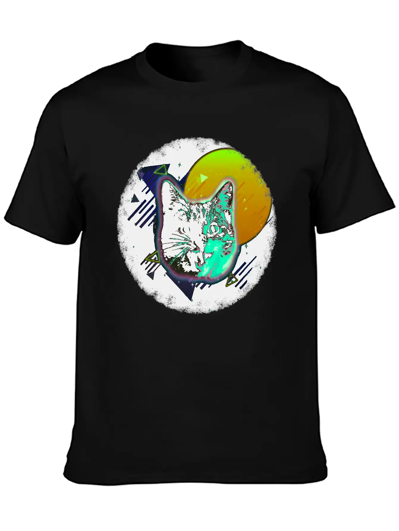 Cat Face Shirt Trippy Neon Rave 80s Disco Retro Kitten Tee Unisex Short Sleeve Soft Cotton T-Shirt – Casual Everyday Wear