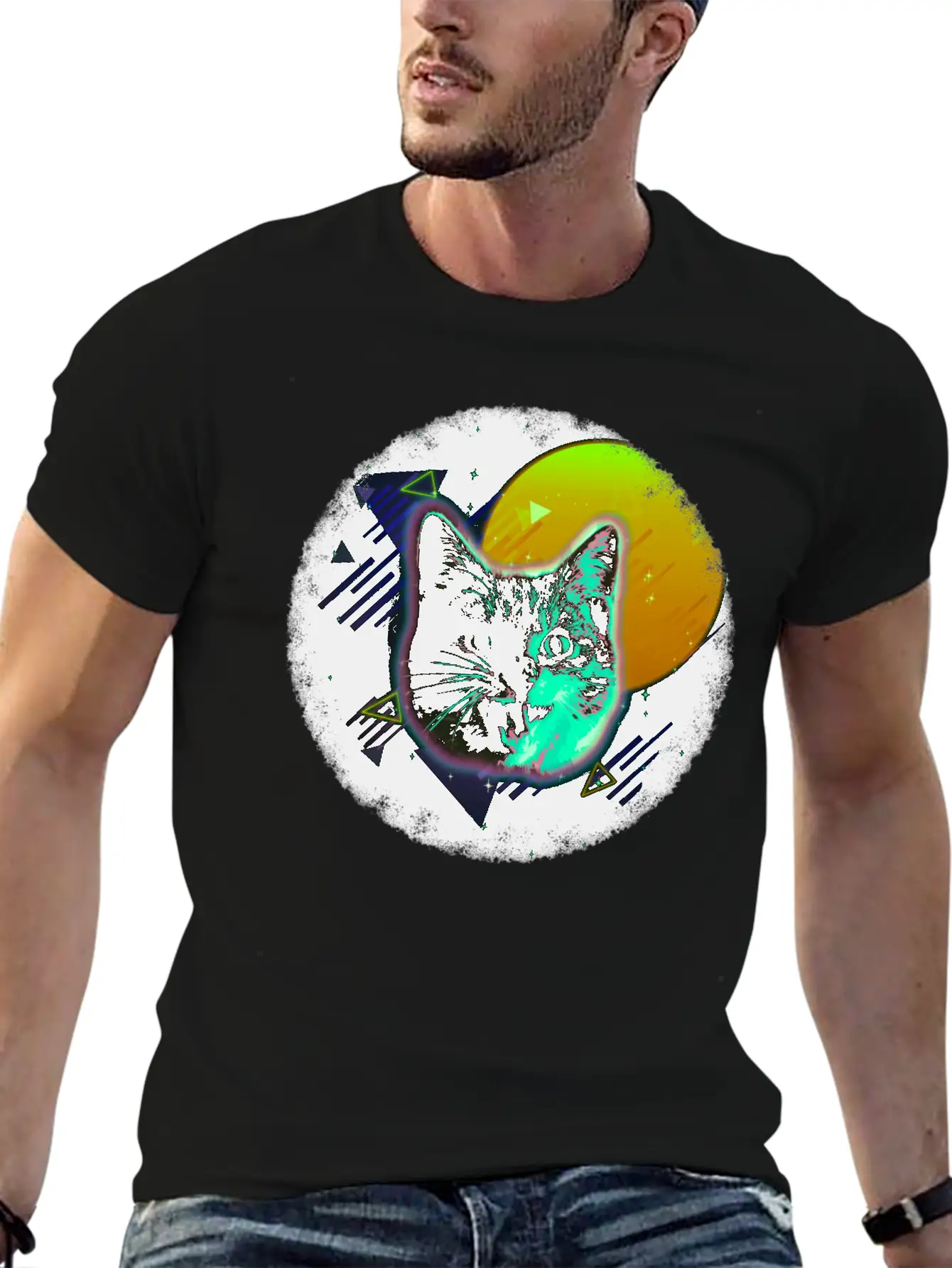 Cat Face Shirt Trippy Neon Rave 80s Disco Retro Kitten Tee Unisex Short Sleeve Soft Cotton T-Shirt – Casual Everyday Wear