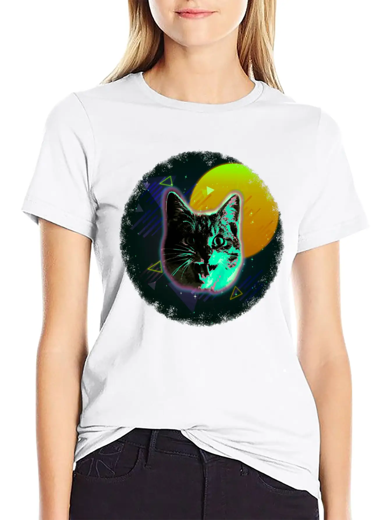 Cat Face Shirt Trippy Neon Rave 80s Disco Retro Kitten Tee Unisex Short Sleeve Soft Cotton T-Shirt – Casual Everyday Wear