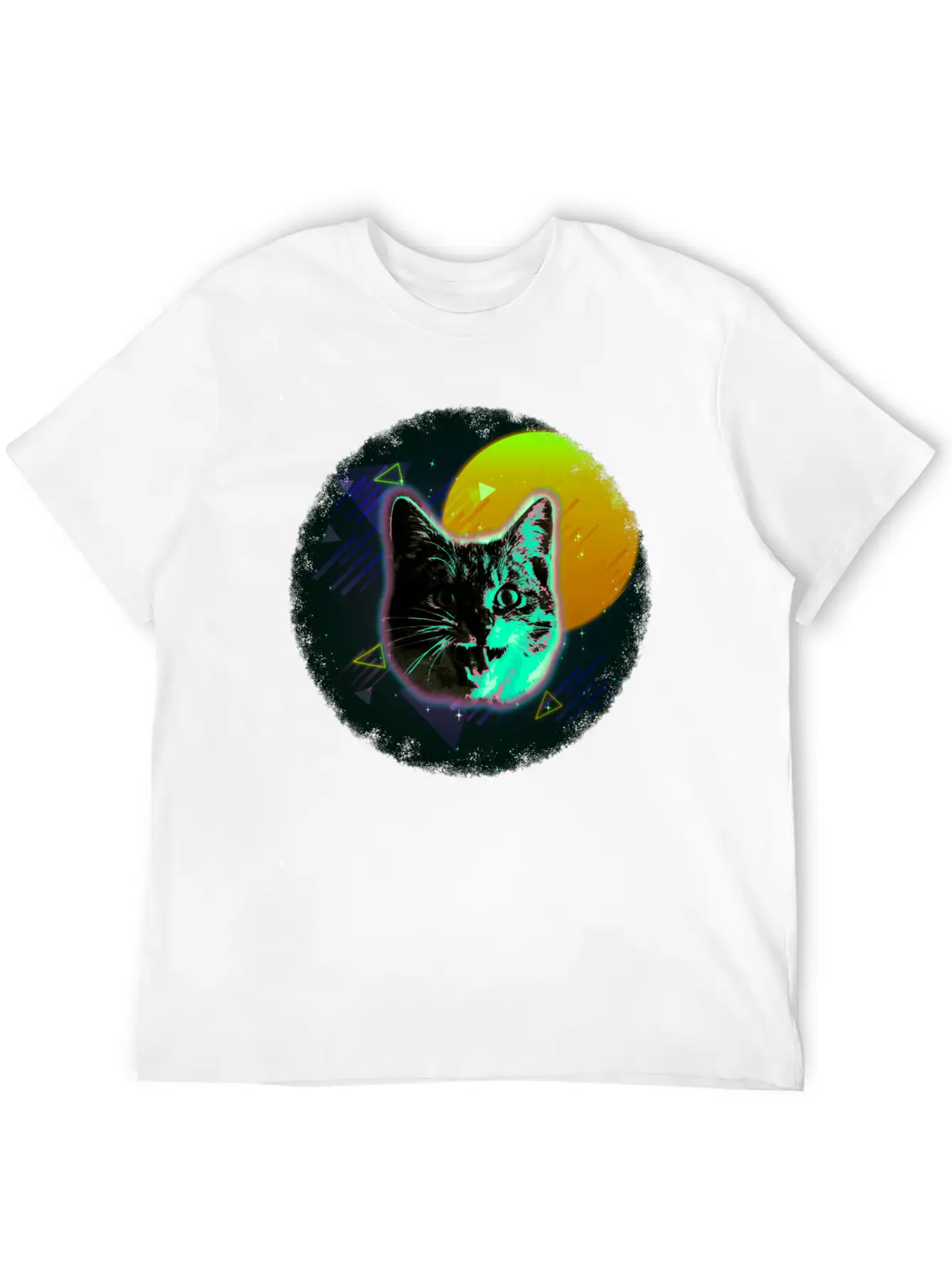 Cat Face Shirt Trippy Neon Rave 80s Disco Retro Kitten Tee Unisex Short Sleeve Soft Cotton T-Shirt – Casual Everyday Wear