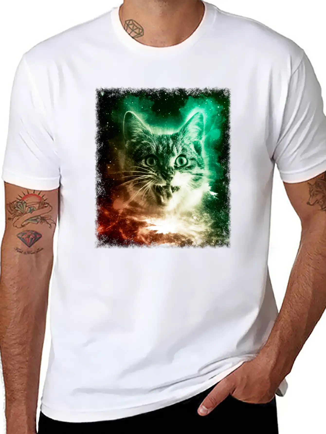 Cat In Space Shirt Trippy Galaxy Cosmic Retro Kitten T Shirt Stylish Everyday T-Shirt – Unisex Basic Cotton Tee