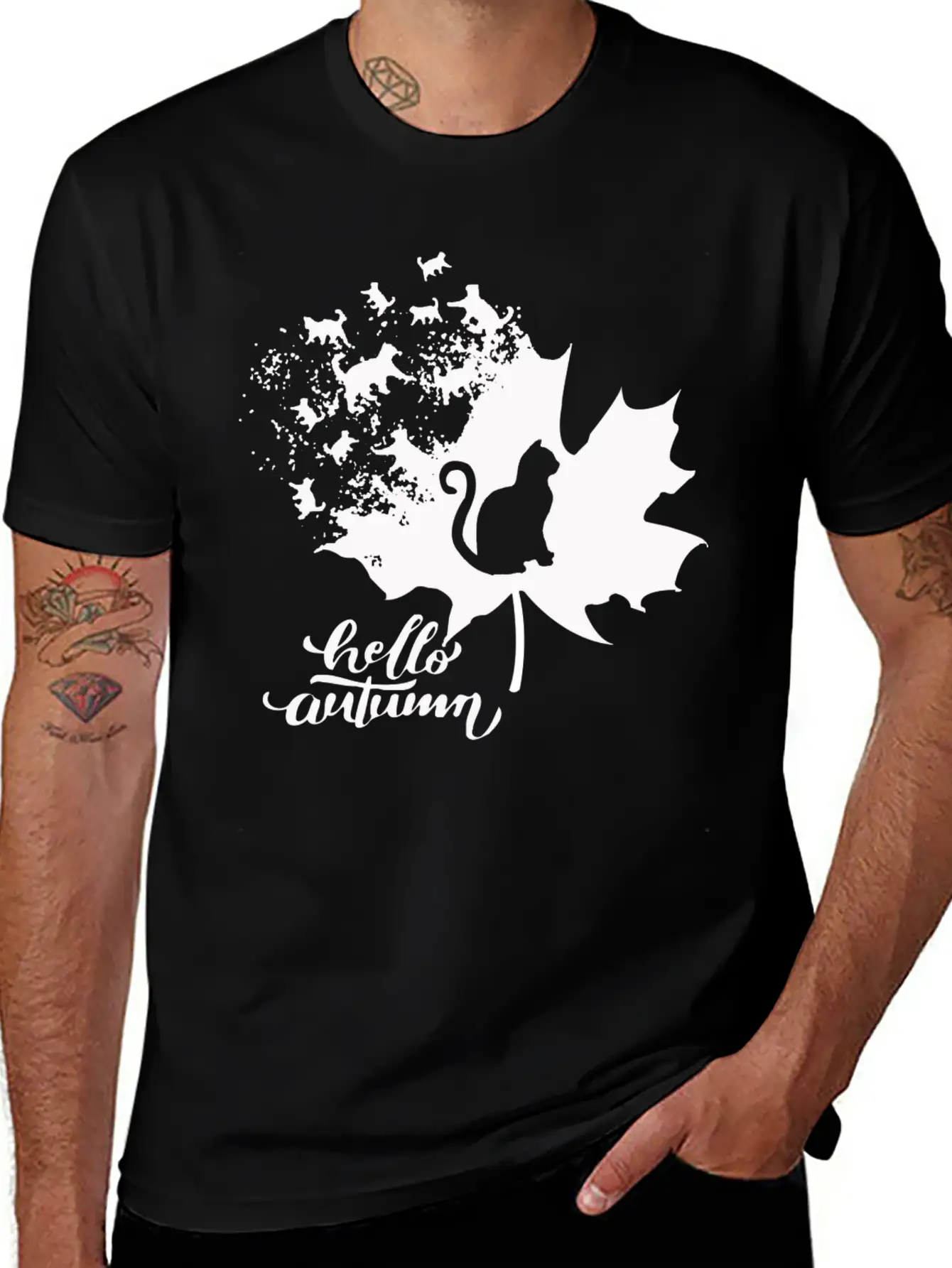 Cat Leaf Fall Hello Autumn Stylish Everyday T-Shirt – Unisex Basic Cotton Tee