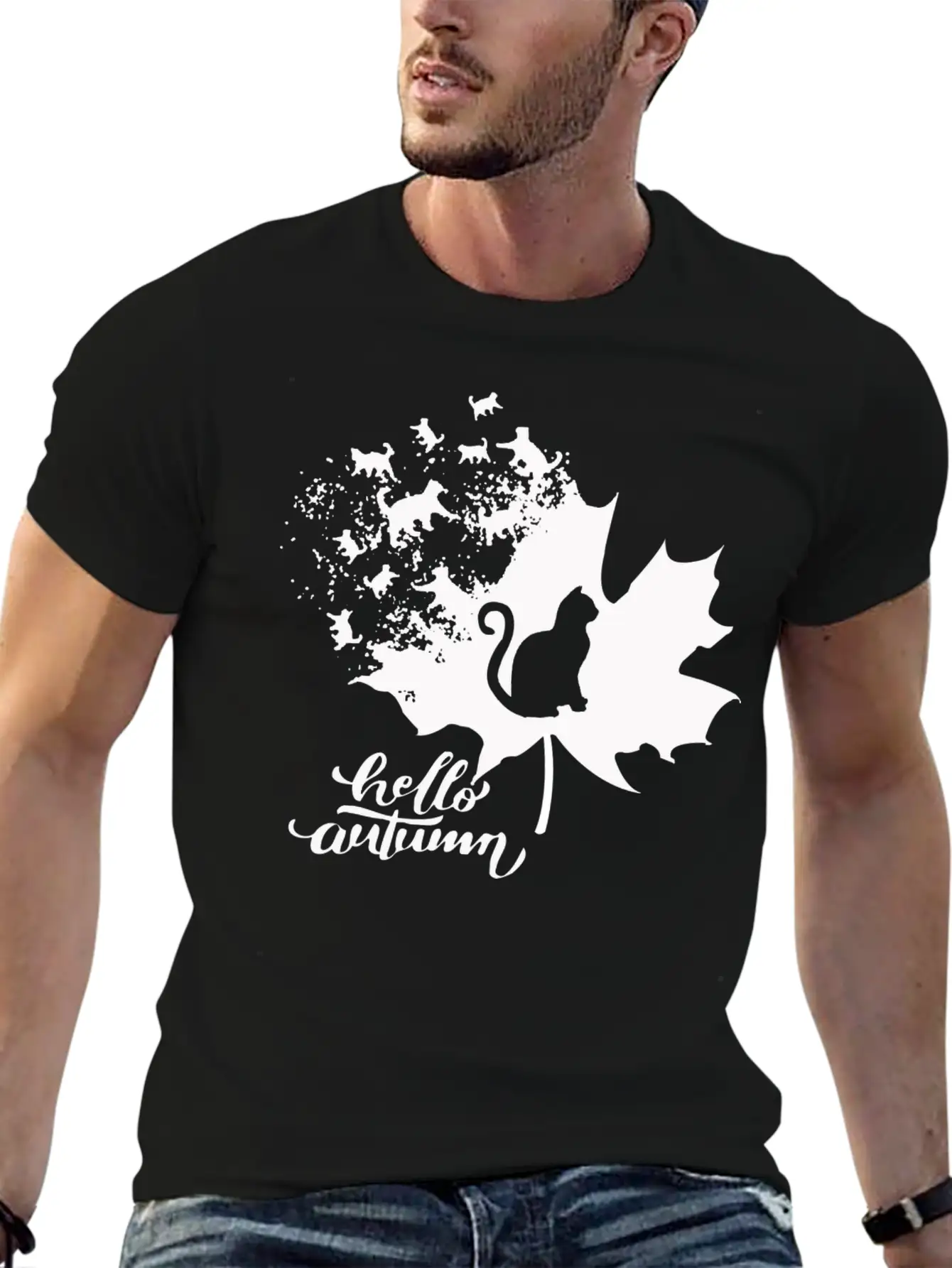 Cat Leaf Fall Hello Autumn Stylish Everyday T-Shirt – Unisex Basic Cotton Tee