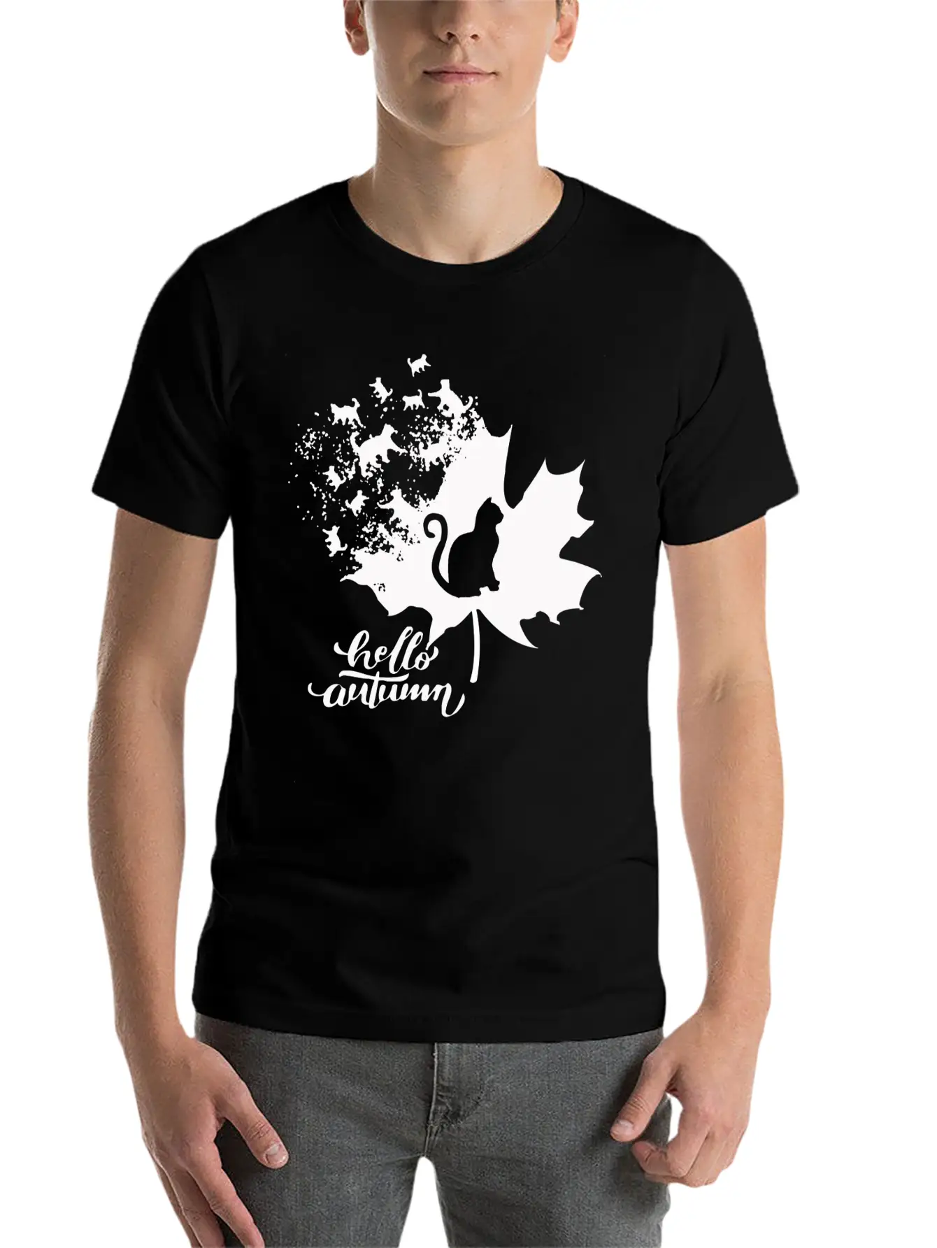 Cat Leaf Fall Hello Autumn Stylish Everyday T-Shirt – Unisex Basic Cotton Tee