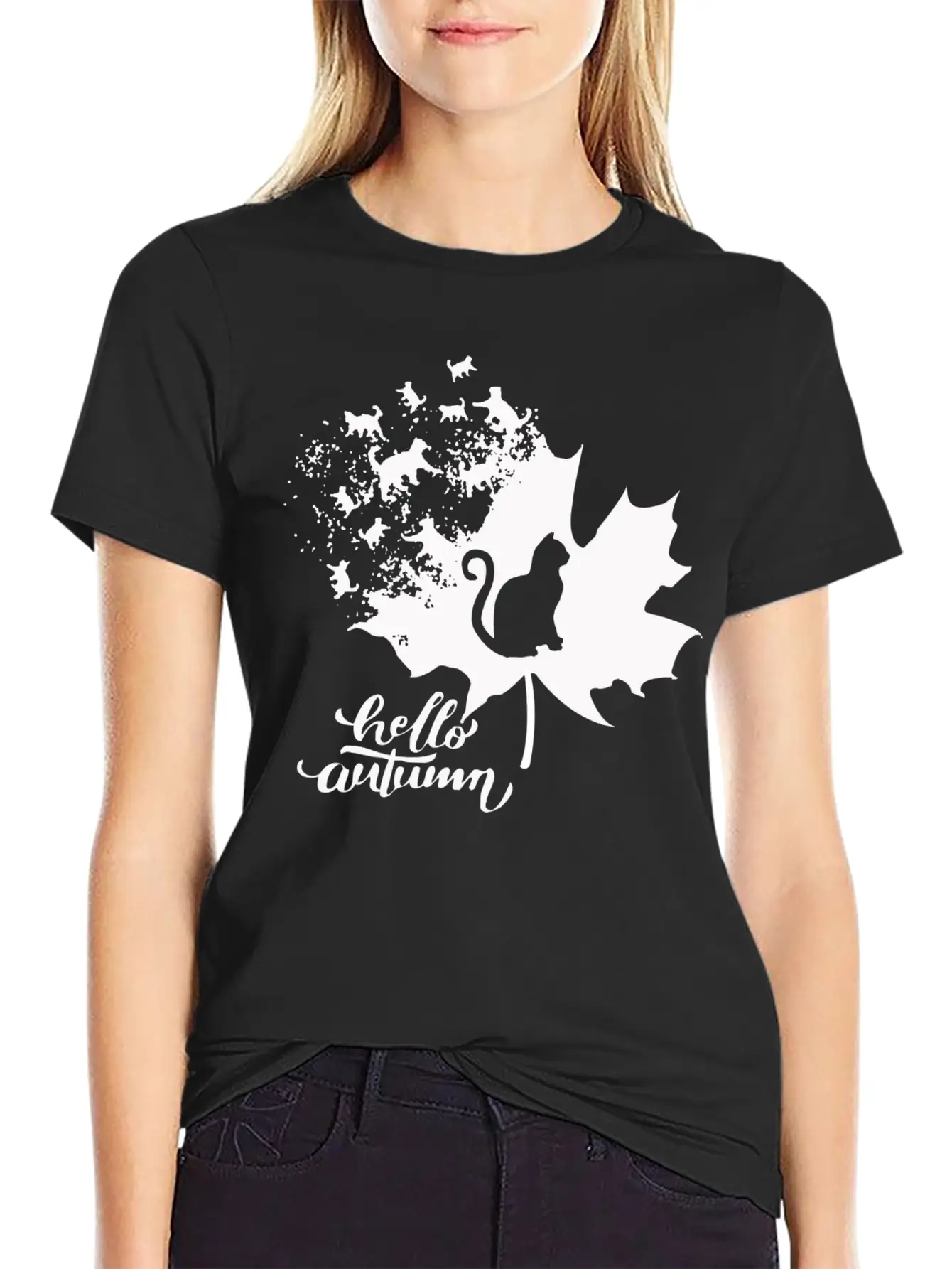 Cat Leaf Fall Hello Autumn Stylish Everyday T-Shirt – Unisex Basic Cotton Tee