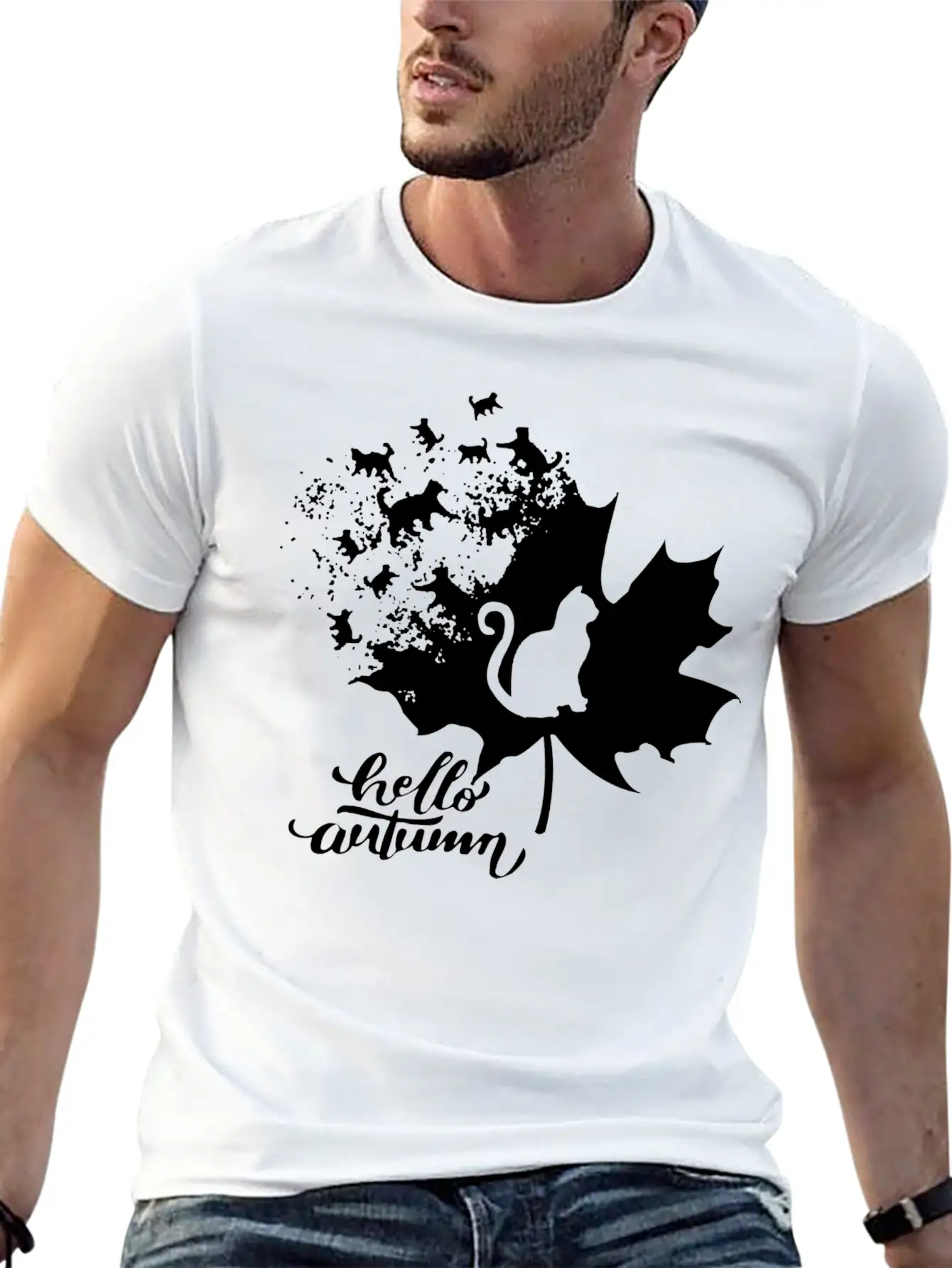 Cat Leaf Fall Hello Autumn Stylish Everyday T-Shirt – Unisex Basic Cotton Tee